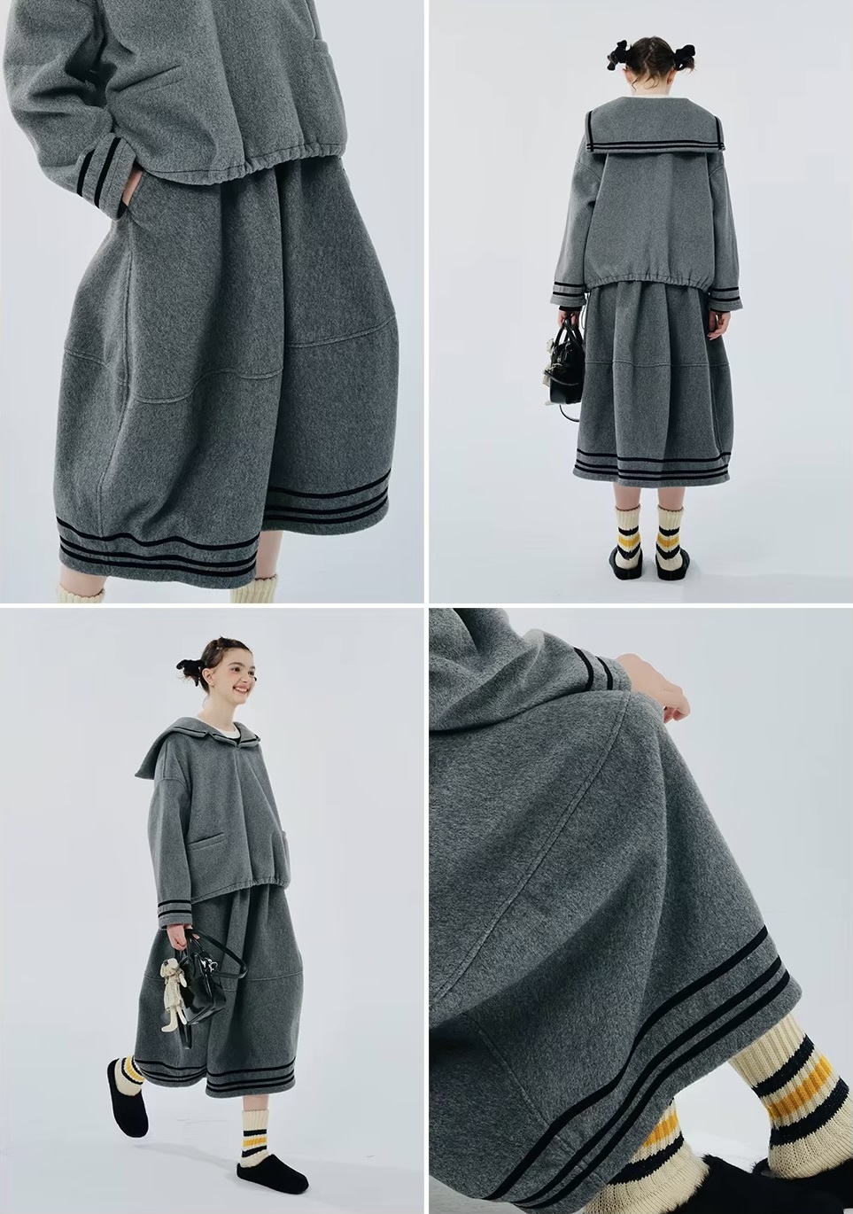 Lantern Skirt    Women’s original gray stripes casual natural waistline slant side pockets patchwork mid-calf skirts for woman in grey Fall Autumn Winter Spring womens Japanese fashion striped bell ankle style #244433