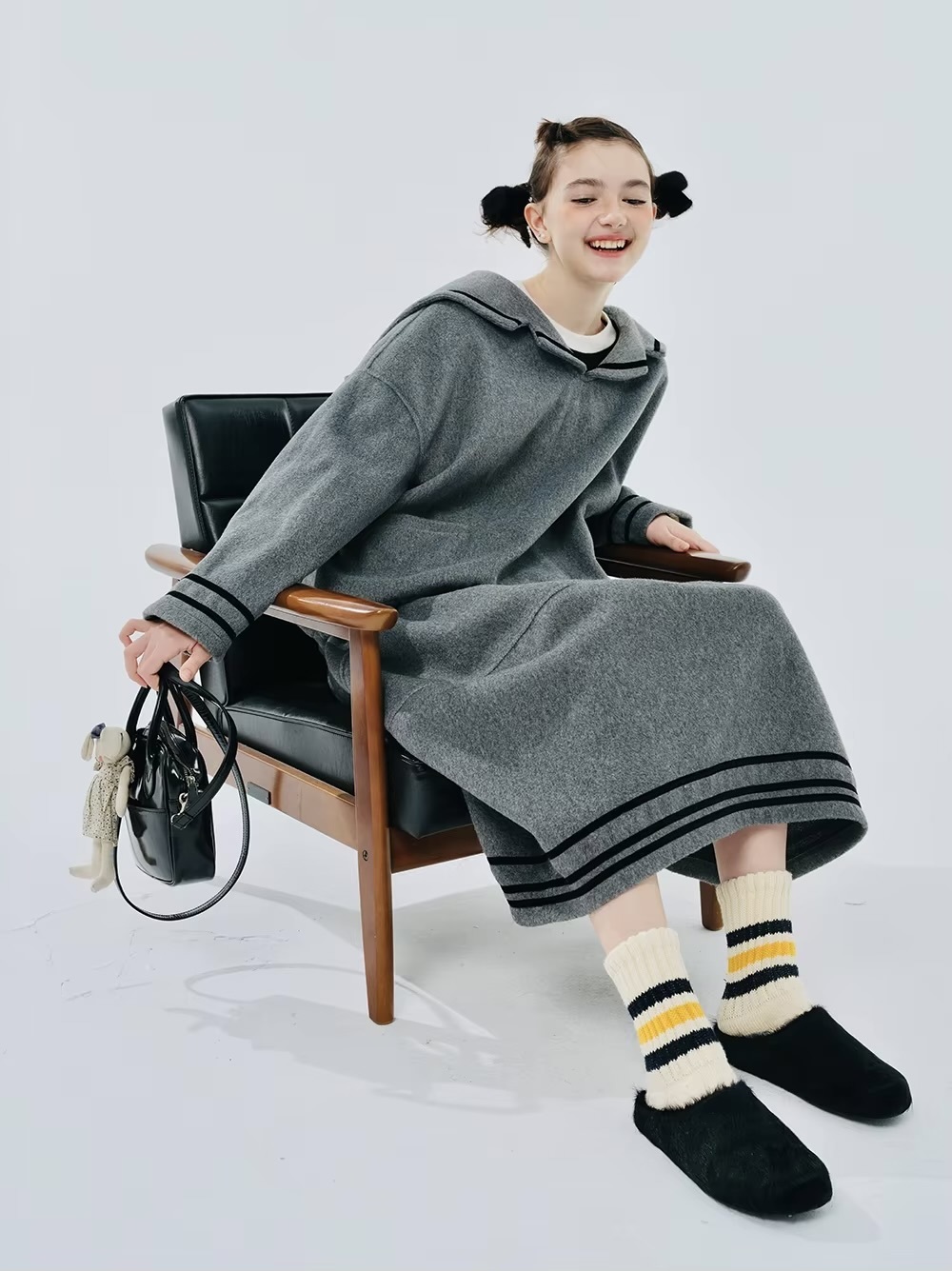 Lantern Skirt    Women’s original gray stripes casual natural waistline slant side pockets patchwork mid-calf skirts for woman in grey Fall Autumn Winter Spring womens Japanese fashion striped bell ankle style #244433