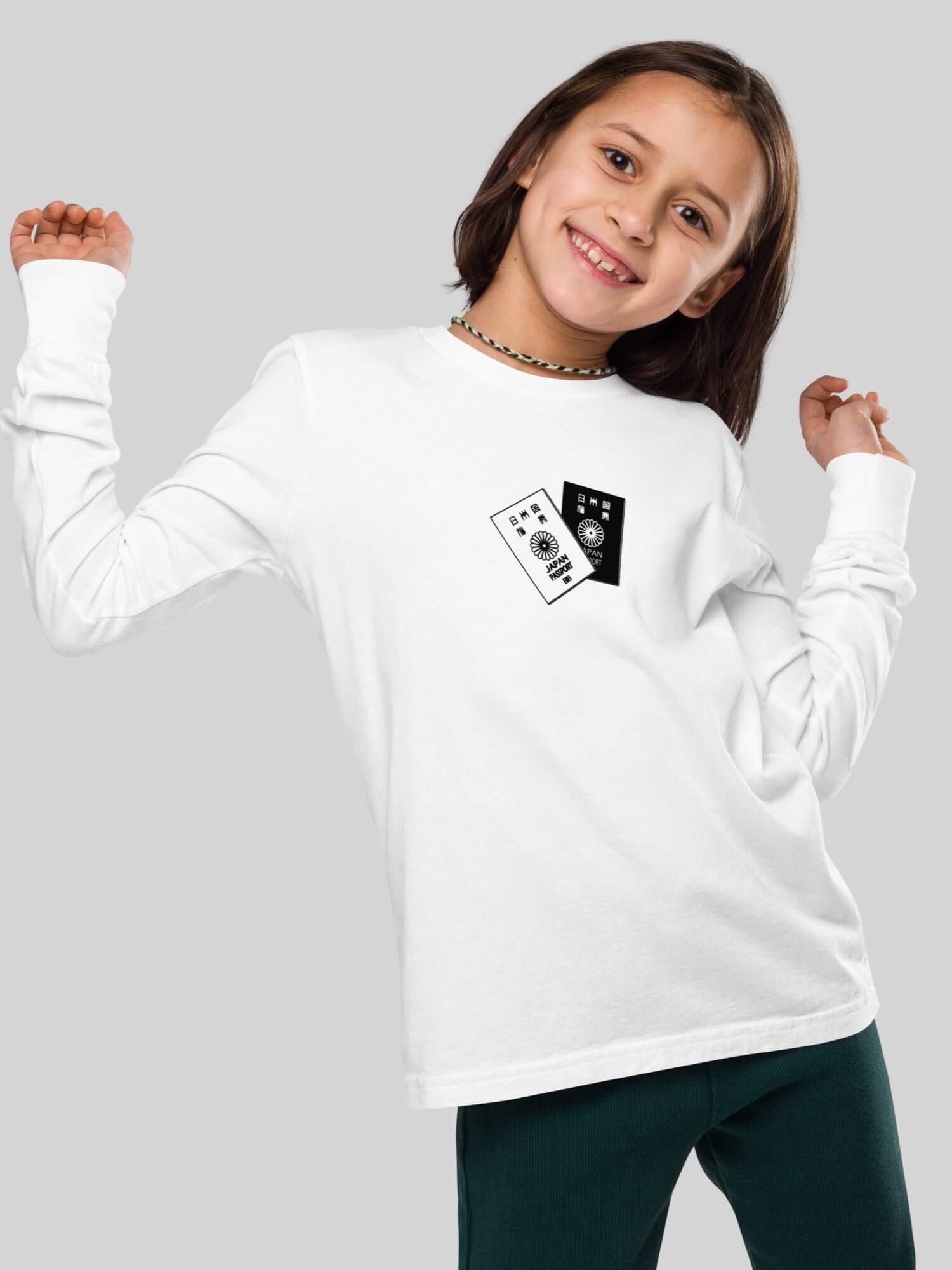 Girls Long Sleeve Crewneck T-Shirt white     Kids long sleeves 100% cotton crewneck T-shirts with Japanese black and white passport graphic round o-neck Tees children’s crew neck Tops