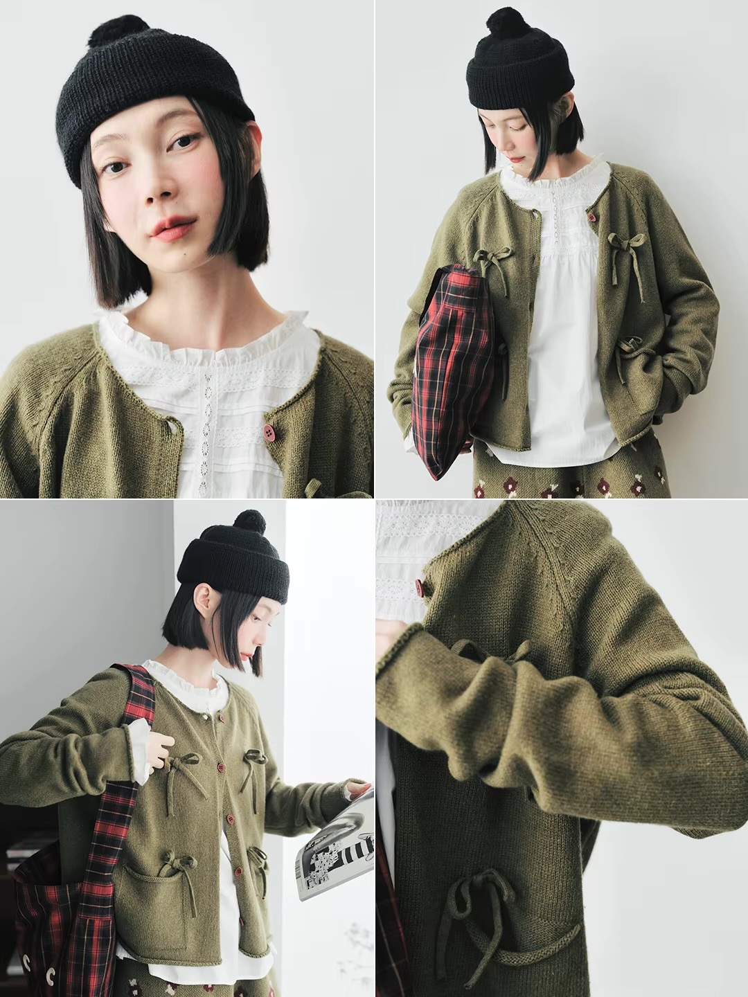 Japanese Sweater Jacket      Womens collarless round neck long sleeves 3D bow decoration button-up close patch pockets sweaters for woman in grass green  Fall Autumn Winter Spring womens fashion outerwear Jackets cardigans style outwear #24483