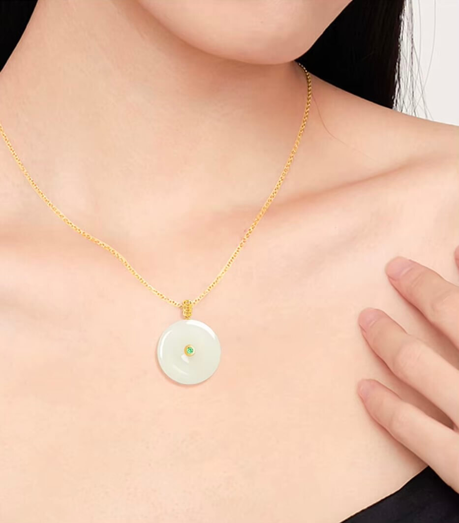 Natural White HeTian Jade Peace Pendant with 18K Gold Round Harmony Buckle Fortune Pendant Amulet Chain Necklace Certificate Trendy Jade Jewelry accessory Traditional South East Asian Fashion Jewellery accessories
