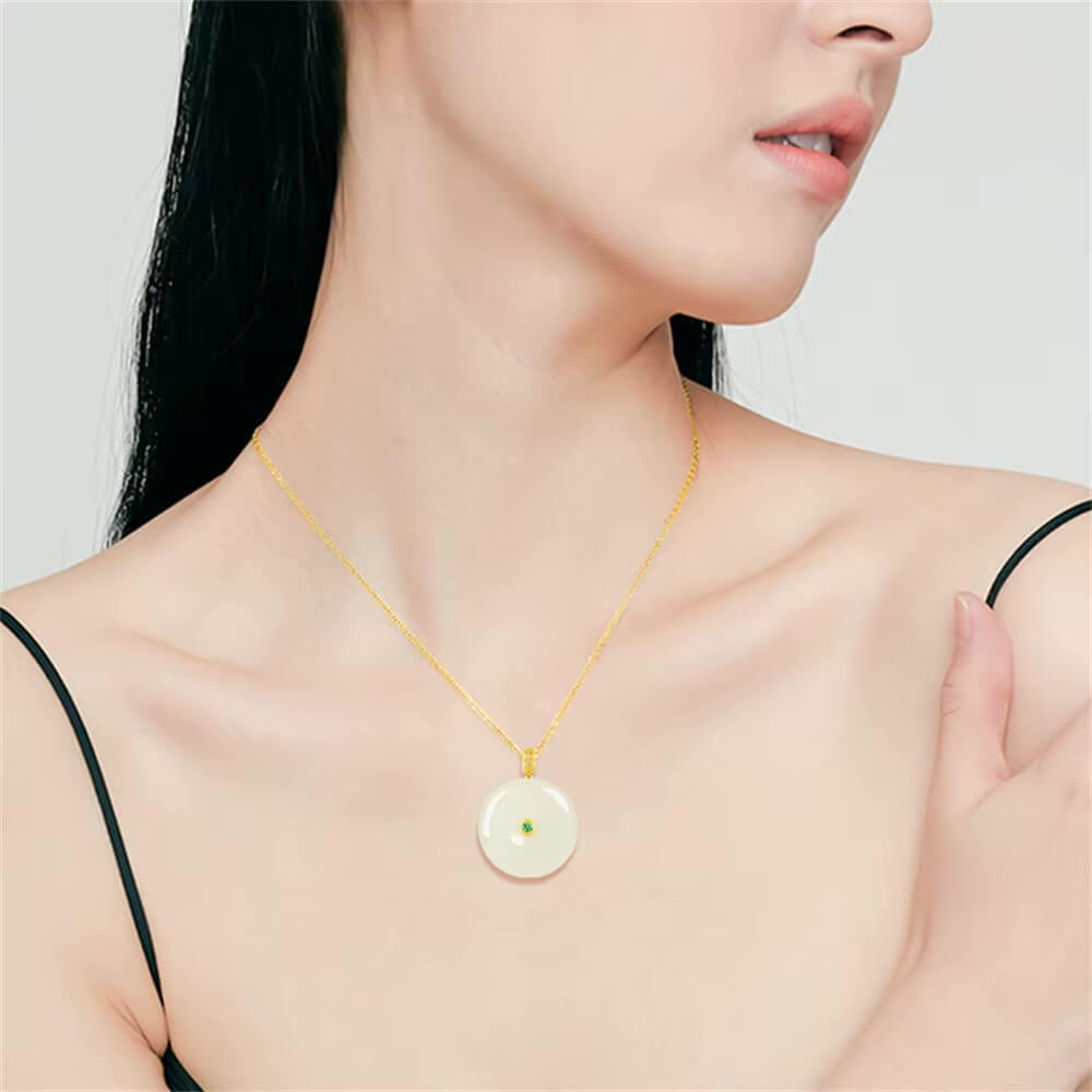 Natural White HeTian Jade Peace Pendant with 18K Gold Round Harmony Buckle Fortune Pendant Amulet Chain Necklace Certificate Trendy Jade Jewelry accessory Traditional South East Asian Fashion Jewellery accessories