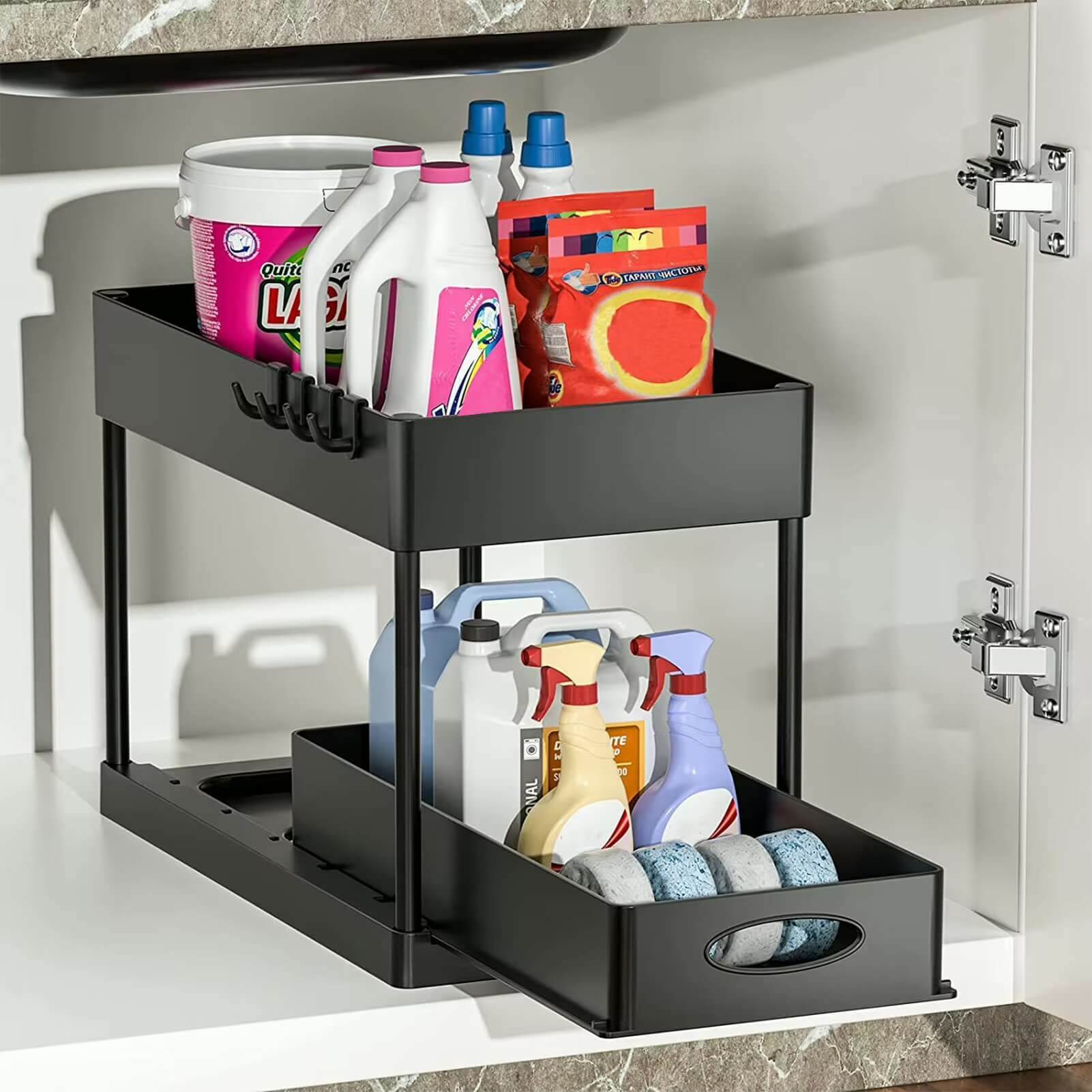 Kitchen Sliding Storage Organizer supplies Under sink slide drawers two (2) shelves Cabinet basket racks Bathroom shelf organizers in black with single double slides 