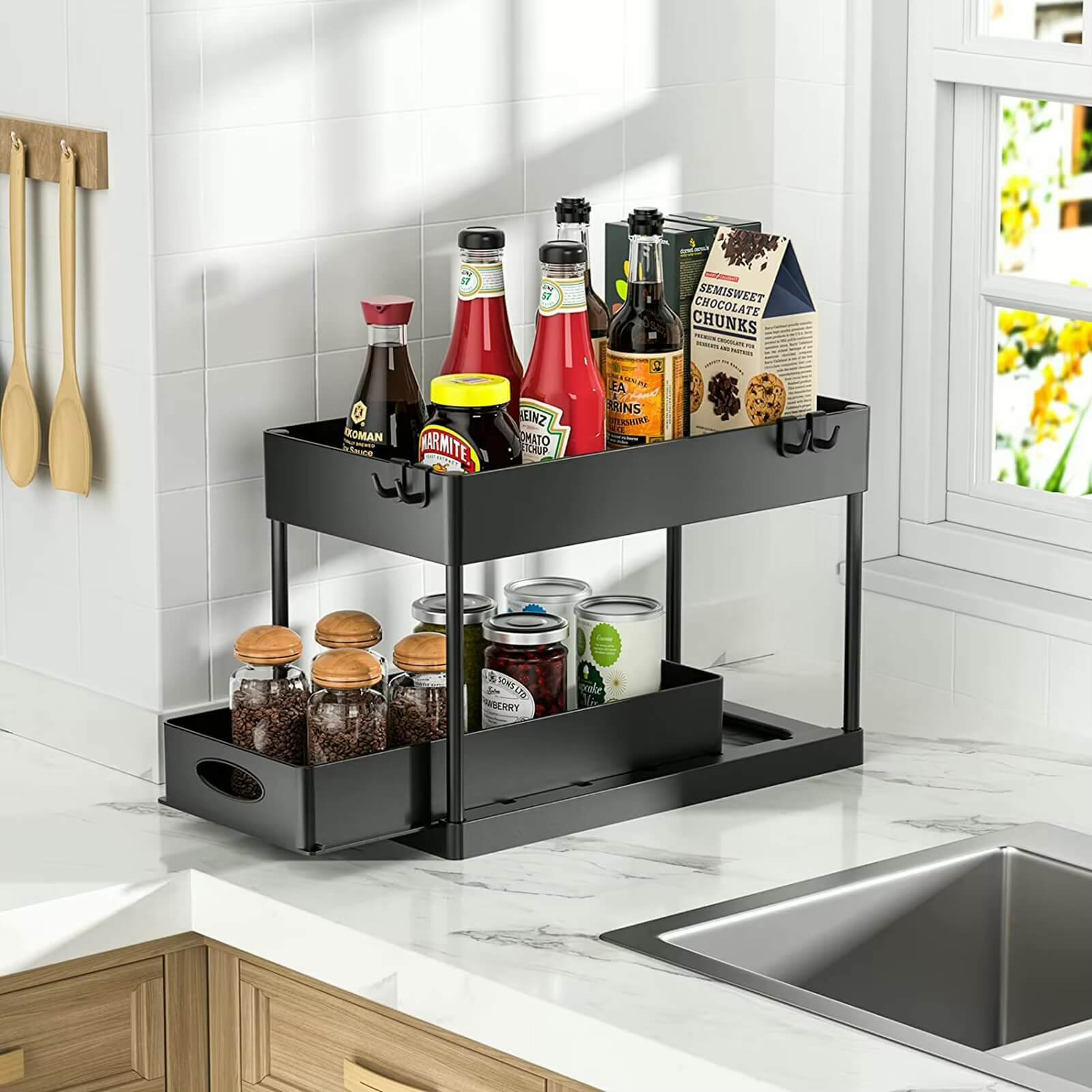 Kitchen Sliding Storage Organizer supplies Under sink slide drawers two (2) shelves Cabinet basket racks Bathroom shelf organizers in black with single double slides 
