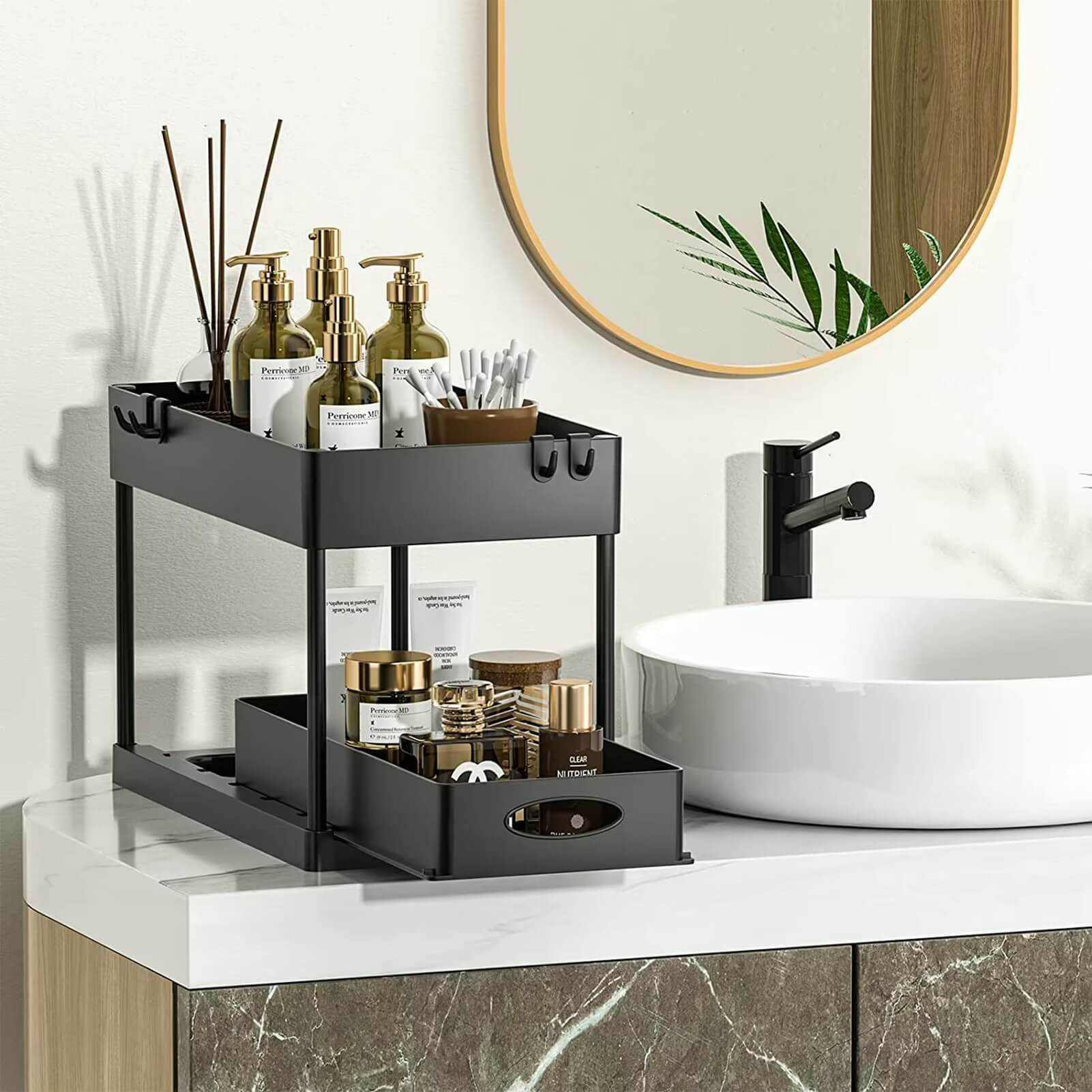 Kitchen Sliding Storage Organizer supplies Under sink slide drawers two (2) shelves Cabinet basket racks Bathroom shelf organizers in black with single double slides 