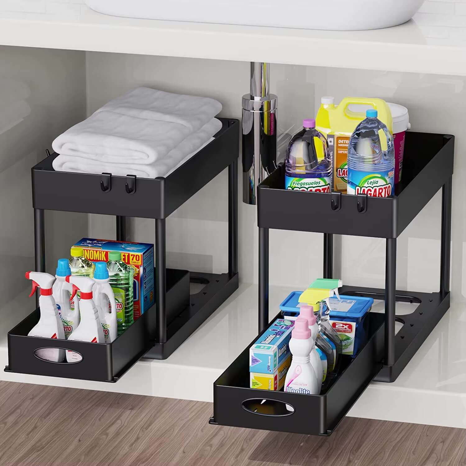 Kitchen Sliding Storage Organizer supplies Under sink slide drawers two (2) shelves Cabinet basket racks Bathroom shelf organizers in black with single double slides 