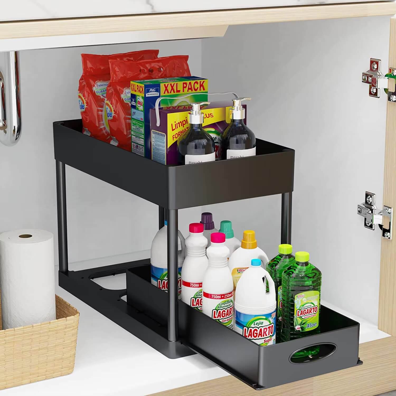 Kitchen Sliding Storage Organizer supplies Under sink slide drawers two (2) shelves Cabinet basket racks Bathroom shelf organizers in black with single double slides 