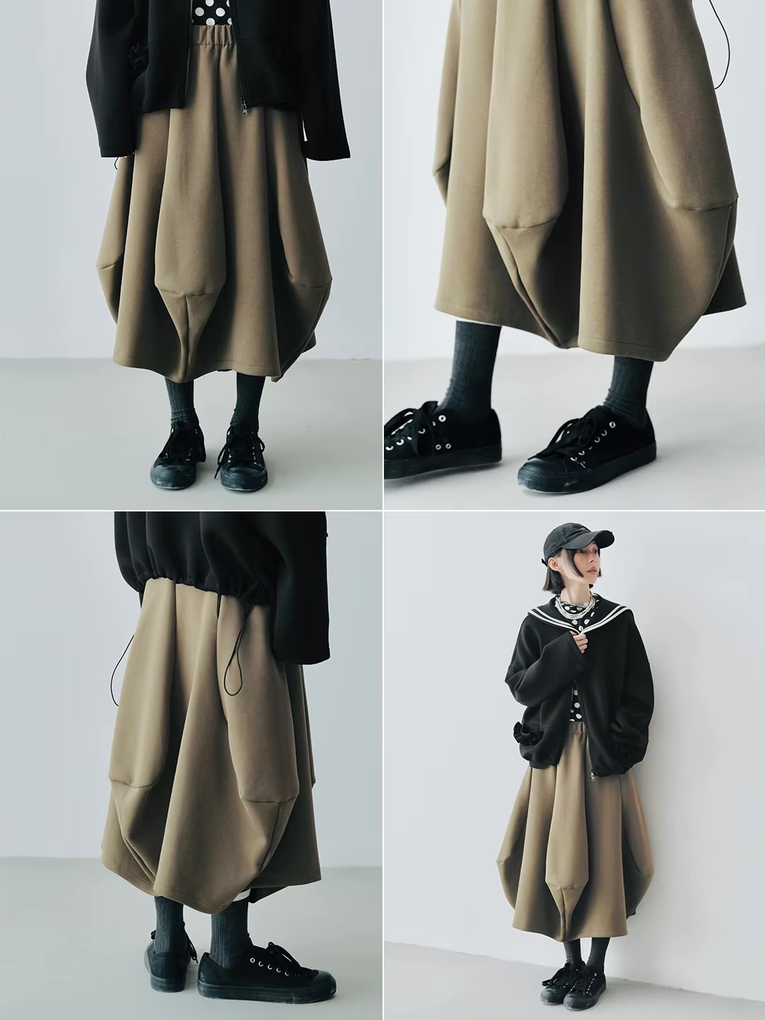 Lantern Skirt green     Women’s loose fit air cotton 3D Three-dimensional decoration elasticated waist natural waistline mid-calf ankle skirts for woman in military-green Fall Autumn Winter Spring womens fashion bell style #244766
