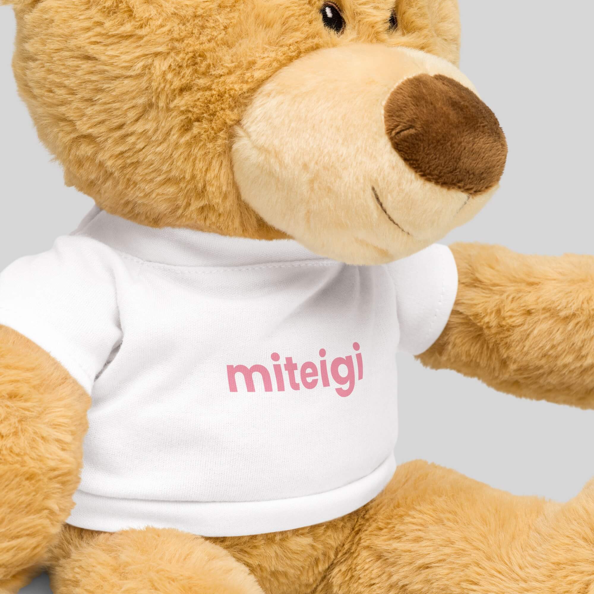Teddy Bear with T-Shirt logo    Plush Doll 24cm Toy   Cute traditional Bears Kawaii Dolls Baby Soft Stuffed Birthday Gift Kids Toys in brown with white t-shirts and pink Japanese miteigi branded logos