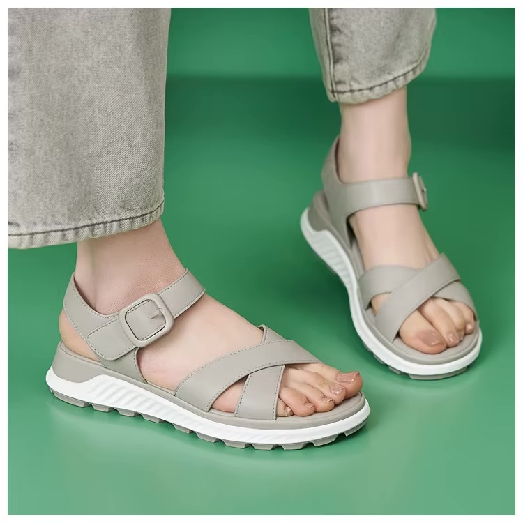 Women&rsquo;s woman womens petite-, tall-, plus-, size Casual Open Toe Beach Slippers With Adjustable Buckle strap Flats PU Leather Flip Flops Cork Sandals in Gray grey