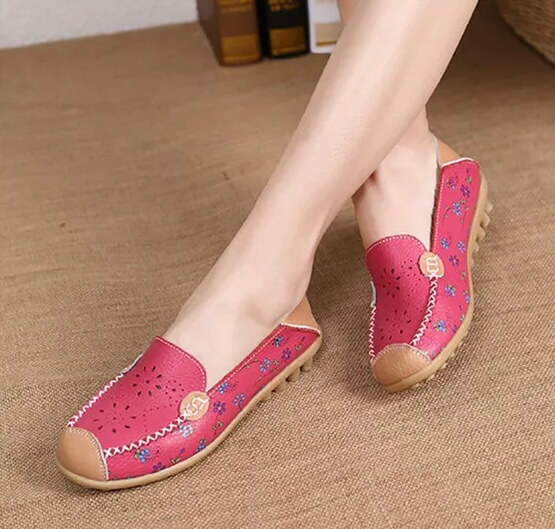 Women’s woman womens Boho bohemia Genuine Leather cutouts patchwork bohemian floral design print Mom Comfortable Appliqués Sewing Flats Casual Summer petite-, tall-, plus-, size flowers pattern ballet flats footwear shoes in rose red with multi