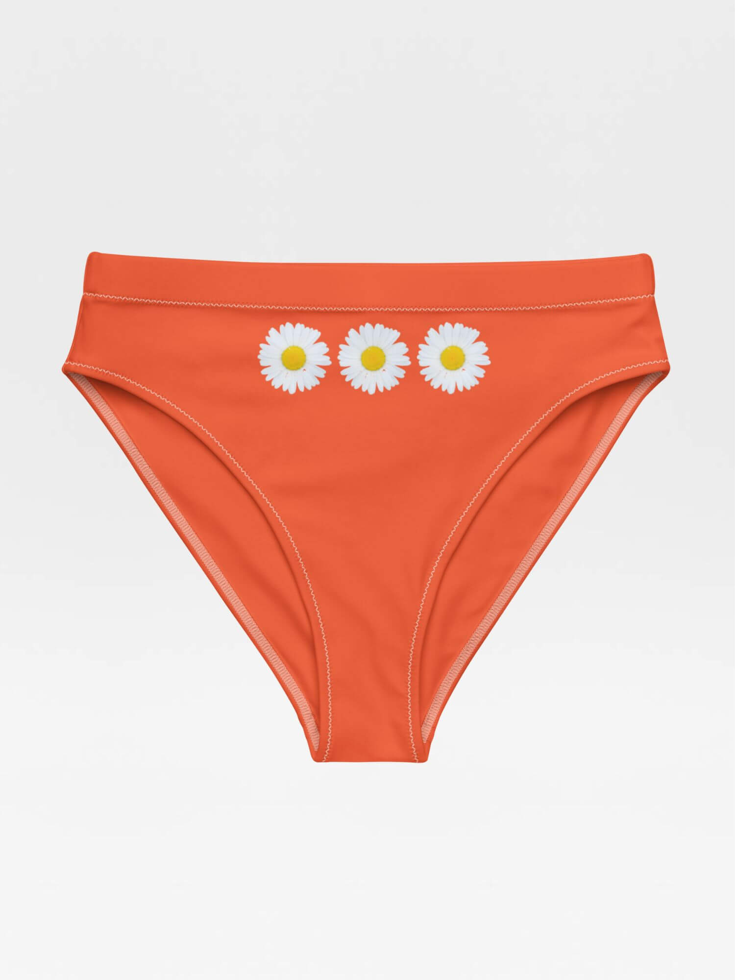 High Rise Eco Bikini Bottom orange   Women’s Petite-, Tall-, Plus-, Size Rib Floral Daisy High-rise Waist Swimsuit Sexy Large Panties Brief Separate Bikinis Bottoms for woman in outrageous orange with white yellow daisies flowers design Womens swimwear swimsuits