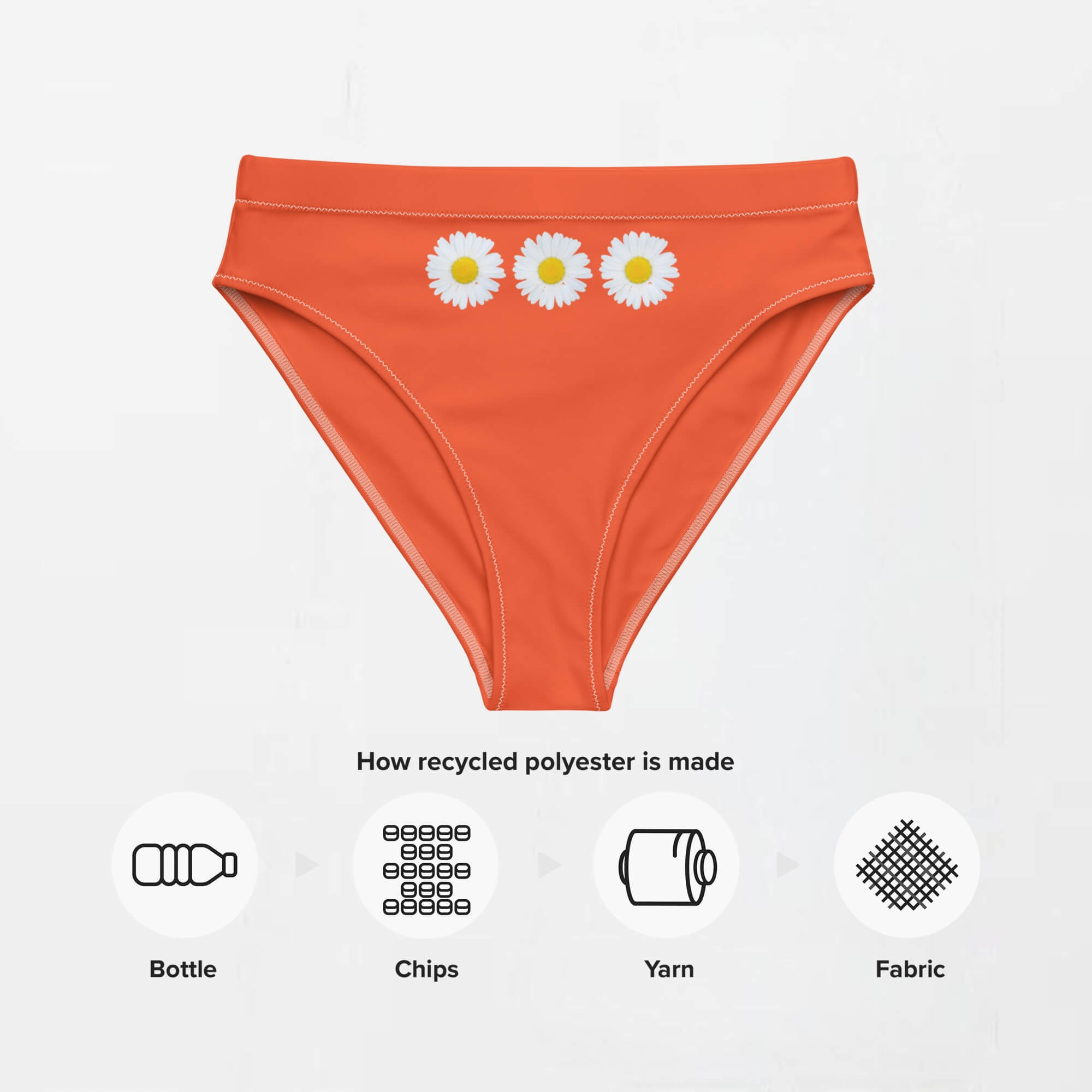 High Rise Eco Bikini Bottom orange   Women’s Petite-, Tall-, Plus-, Size Rib Floral Daisy High-rise Waist Swimsuit Sexy Large Panties Brief Separate Bikinis Bottoms for woman in outrageous orange with white yellow daisies flowers design Womens swimwear swimsuits