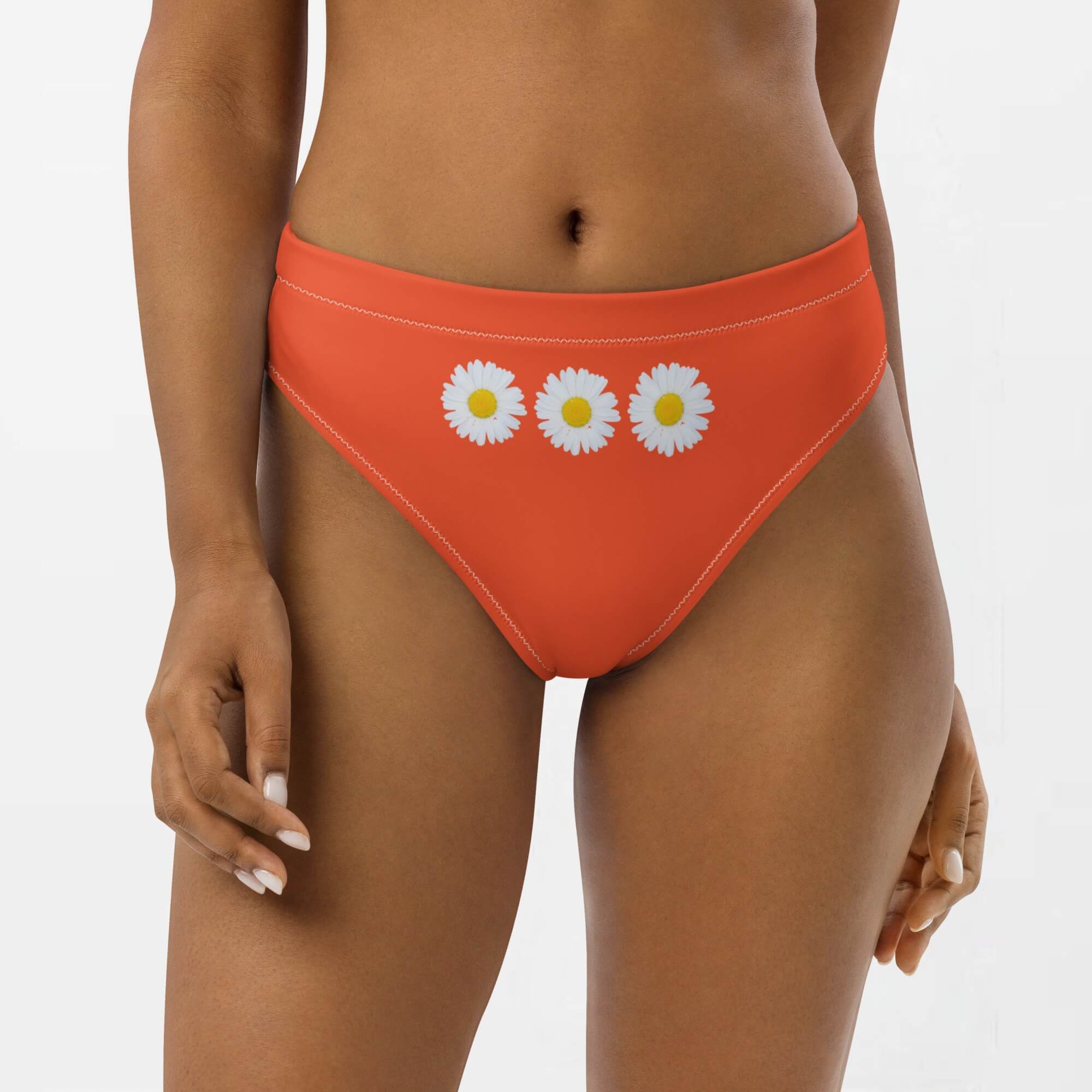 High Rise Eco Bikini Bottom orange   Women’s Petite-, Tall-, Plus-, Size Rib Floral Daisy High-rise Waist Swimsuit Sexy Large Panties Brief Separate Bikinis Bottoms for woman in outrageous orange with white yellow daisies flowers design Womens swimwear swimsuits