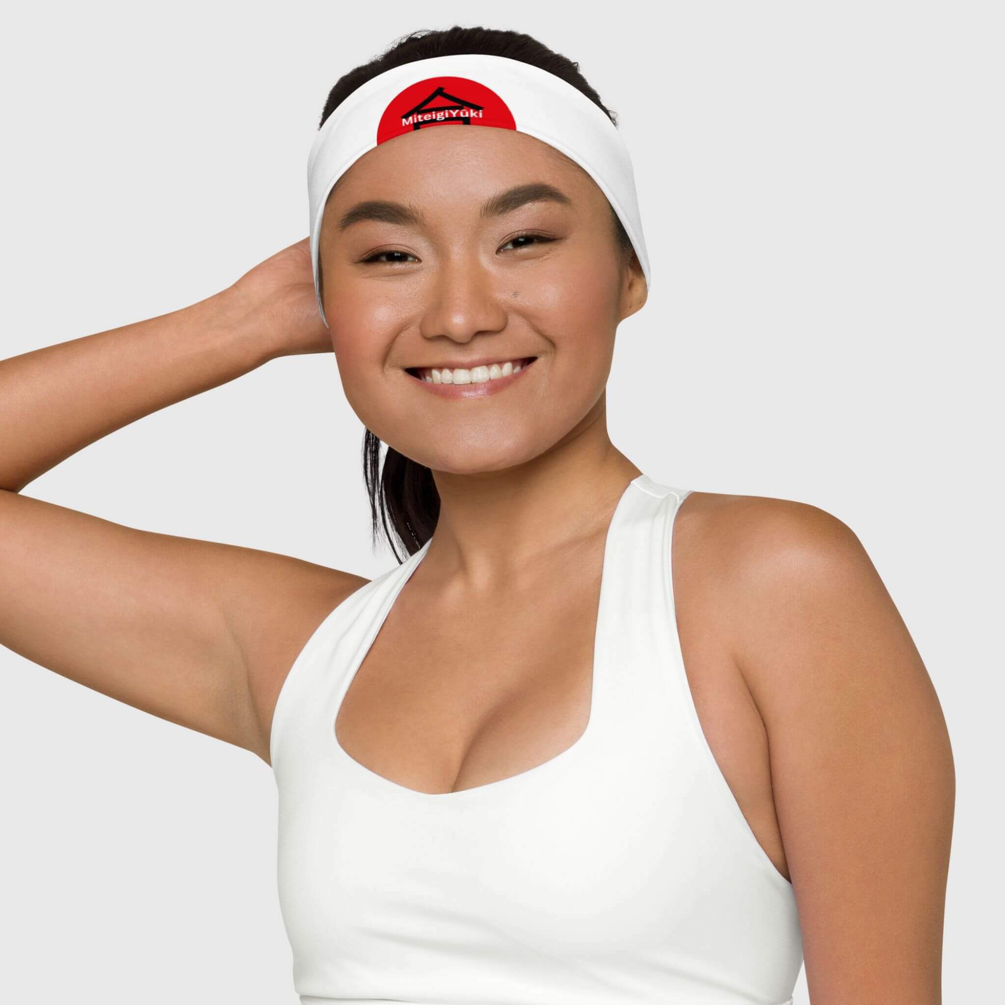 MiteigiYūki Headband Logo Unisex any wear Women’s Men’s Fitness Sports Activewear by miteigi branded product sweat-absorbing Headbands for Man Woman in white with red Mens Womens gym yoga headwear