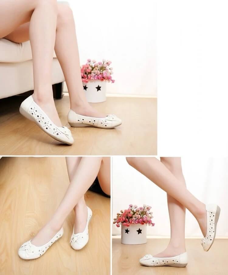 Women’s woman womens Genuine Leather Solid hollow out hearts Flat Loafers Flats Spring Summer Moccasins Shoes Factory Outlet in beige-white