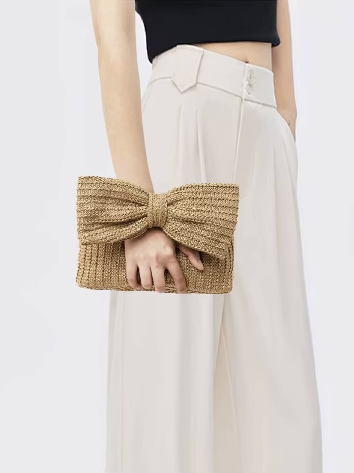 Women&rsquo;s woman womens Summer Straw Woven Clutch Bag Bow Purse Vacation Beach Tote Party Wedding Evening Party Luxury Design Zipper Handbags in khaki color