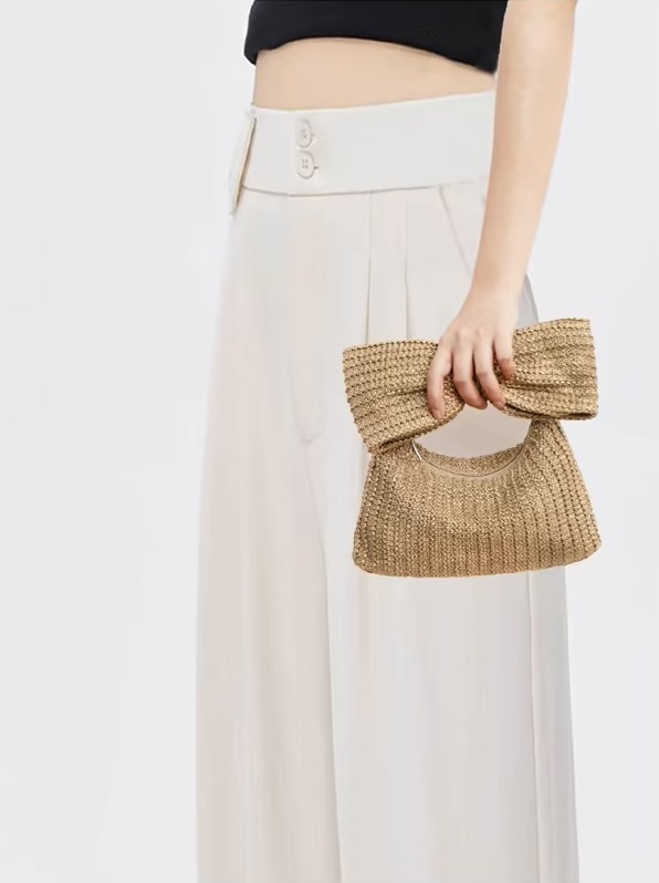 Women&rsquo;s woman womens Summer Straw Woven Clutch Bag Bow Purse Vacation Beach Tote Party Wedding Evening Party Luxury Design Zipper Handbags in khaki color