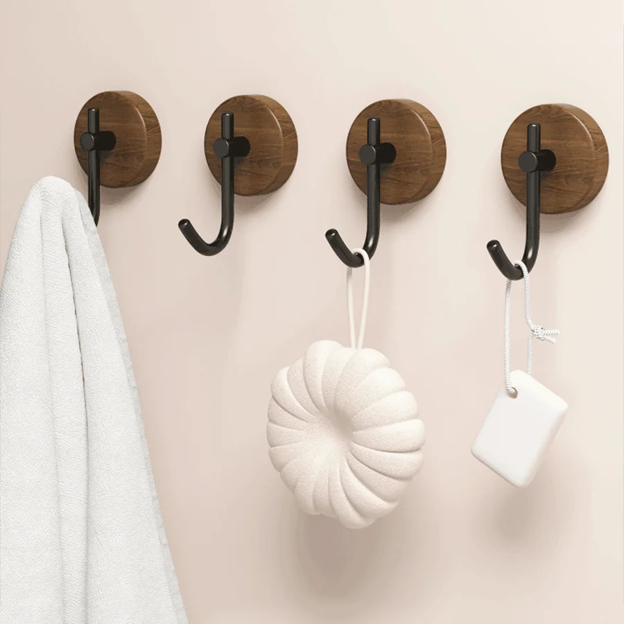 Self-Adhesive Solid Wooden Hook Walnut Key Decorative Towel Holder Hooks Door Hanger Wall Coat Rack Kitchen Bathroom Organizer in black with brown wood