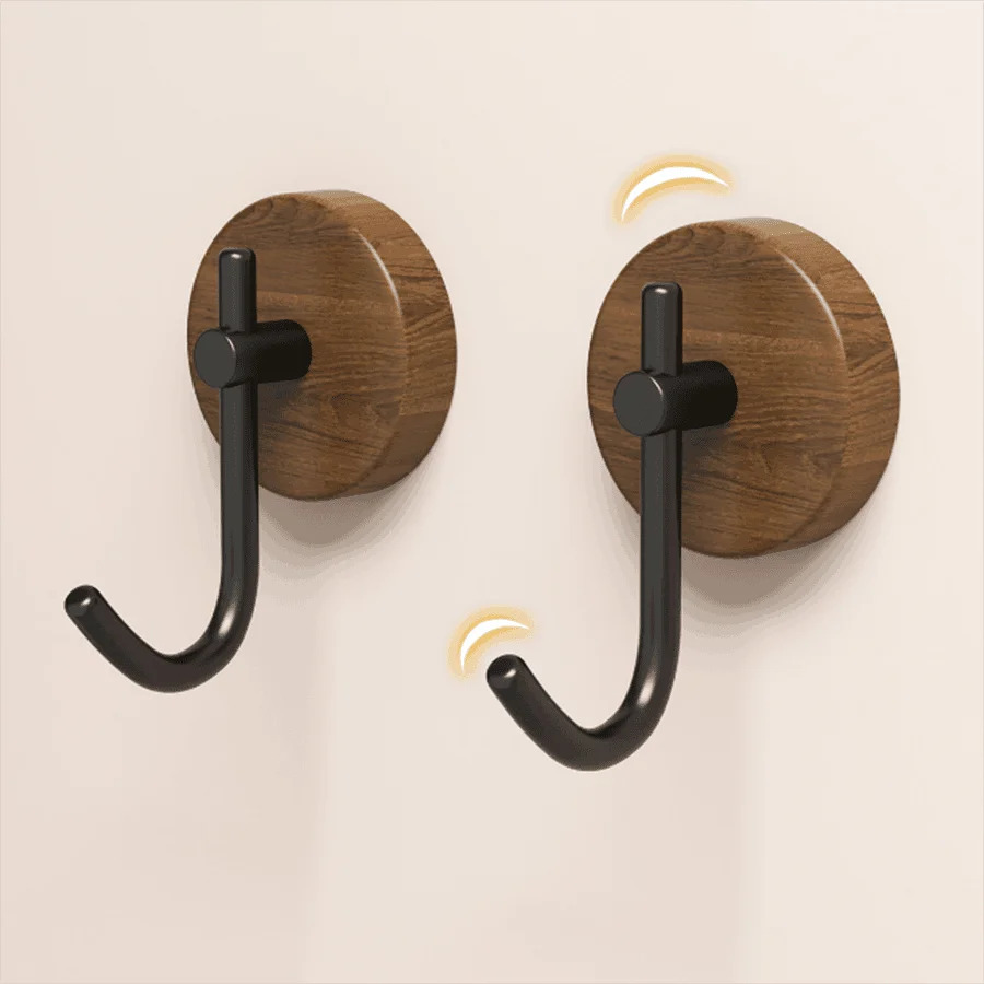 Self-Adhesive Solid Wooden Hook Walnut Key Decorative Towel Holder Hooks Door Hanger Wall Coat Rack Kitchen Bathroom Organizer in black with brown wood