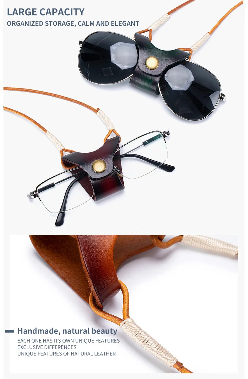 Women’s woman womens Men’s man mens Genuine Leather Sunglasses Storage Rope Case Eyewear Hanging Neck Strap Chain Anti Fall Reading Glasses Clip Lanyards pendant cases in brown, burgundy, dark green, coffee color