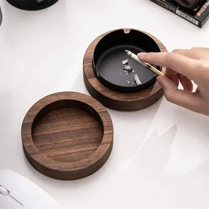 Walnut Wood Ashtrays with Lid Covered Windproof Ashtray Stainless Steel Liner Indoor Outdoor Ash Tray For Home in black, silver