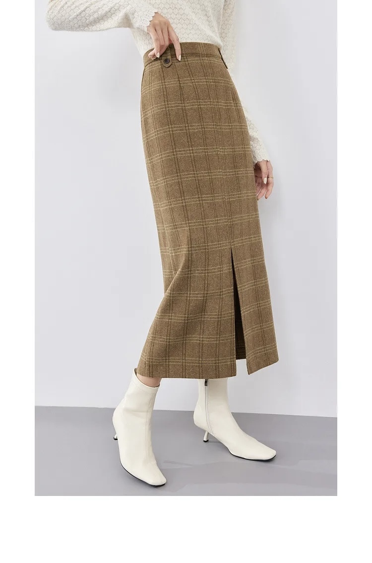 Woolen Midi Skirt    Women’s retro plaid khaki elegant thick split straight checkered wool mid-calf skirts for Woman Spring female womens clothes 134Q52894