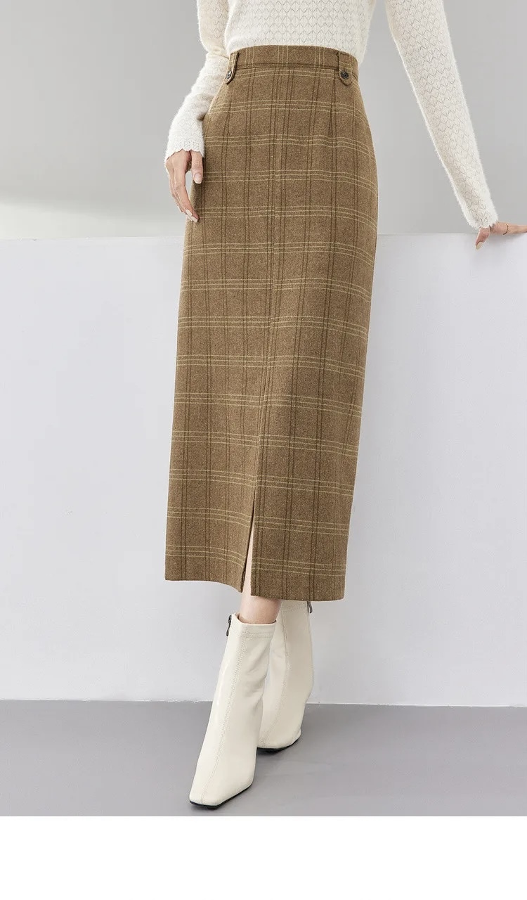 Woolen Midi Skirt    Women’s retro plaid khaki elegant thick split straight checkered wool mid-calf skirts for Woman Spring female womens clothes 134Q52894