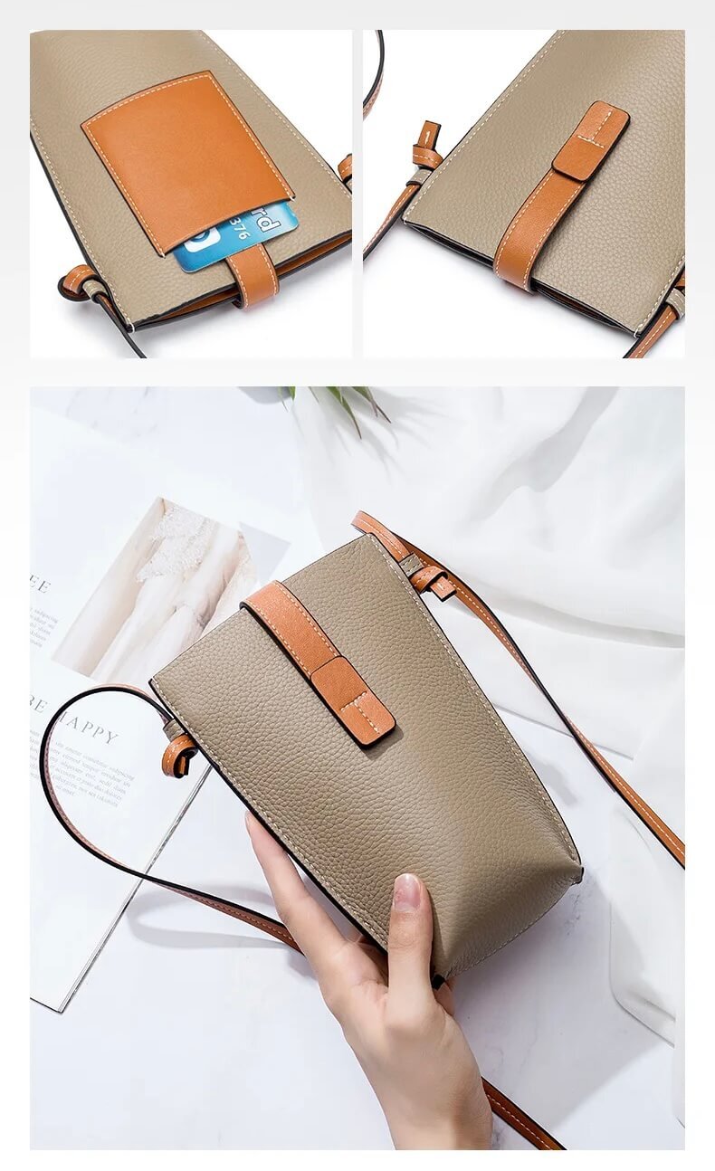 Women's woman womens Mini genuine leather crossbody messenger bag Brand design fashion Female multi-functional phone shoulder bags in Black, Blue, Gray grey tan, Yellowish brown