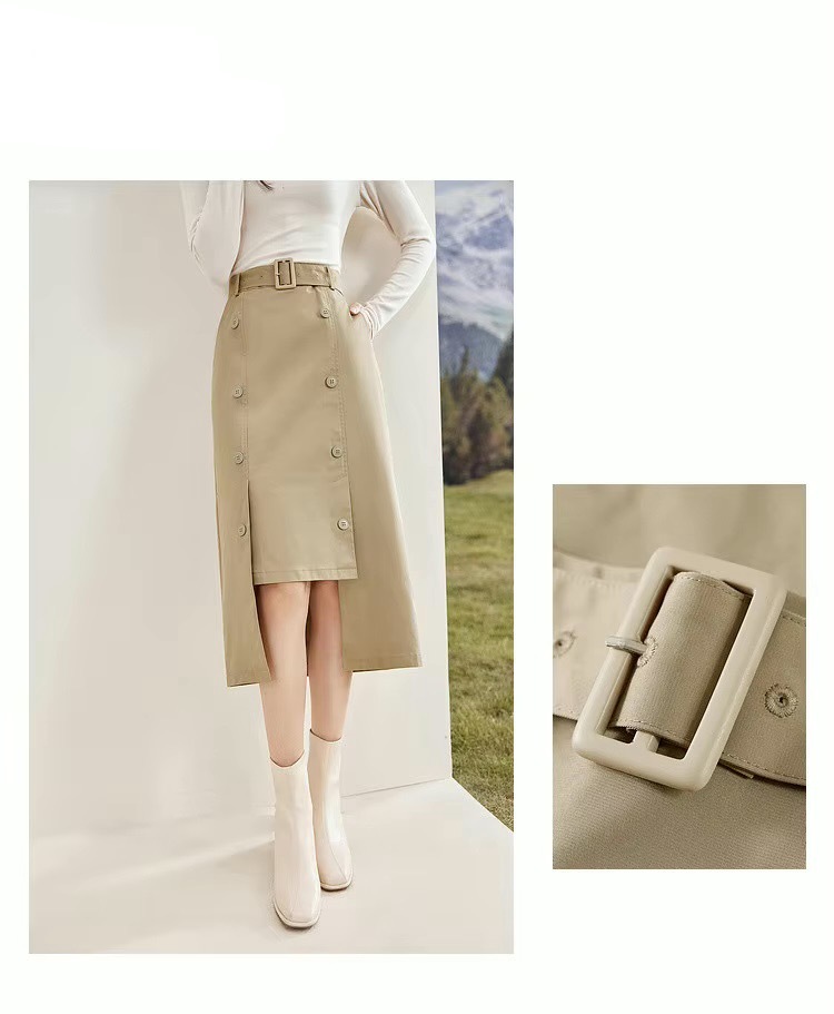 Irregular Slit Straight Skirt     Women’s high rise waist vintage belt double breasted mid-calf skirts for woman Spring Autumn Fall season womens clothes W33Q51771