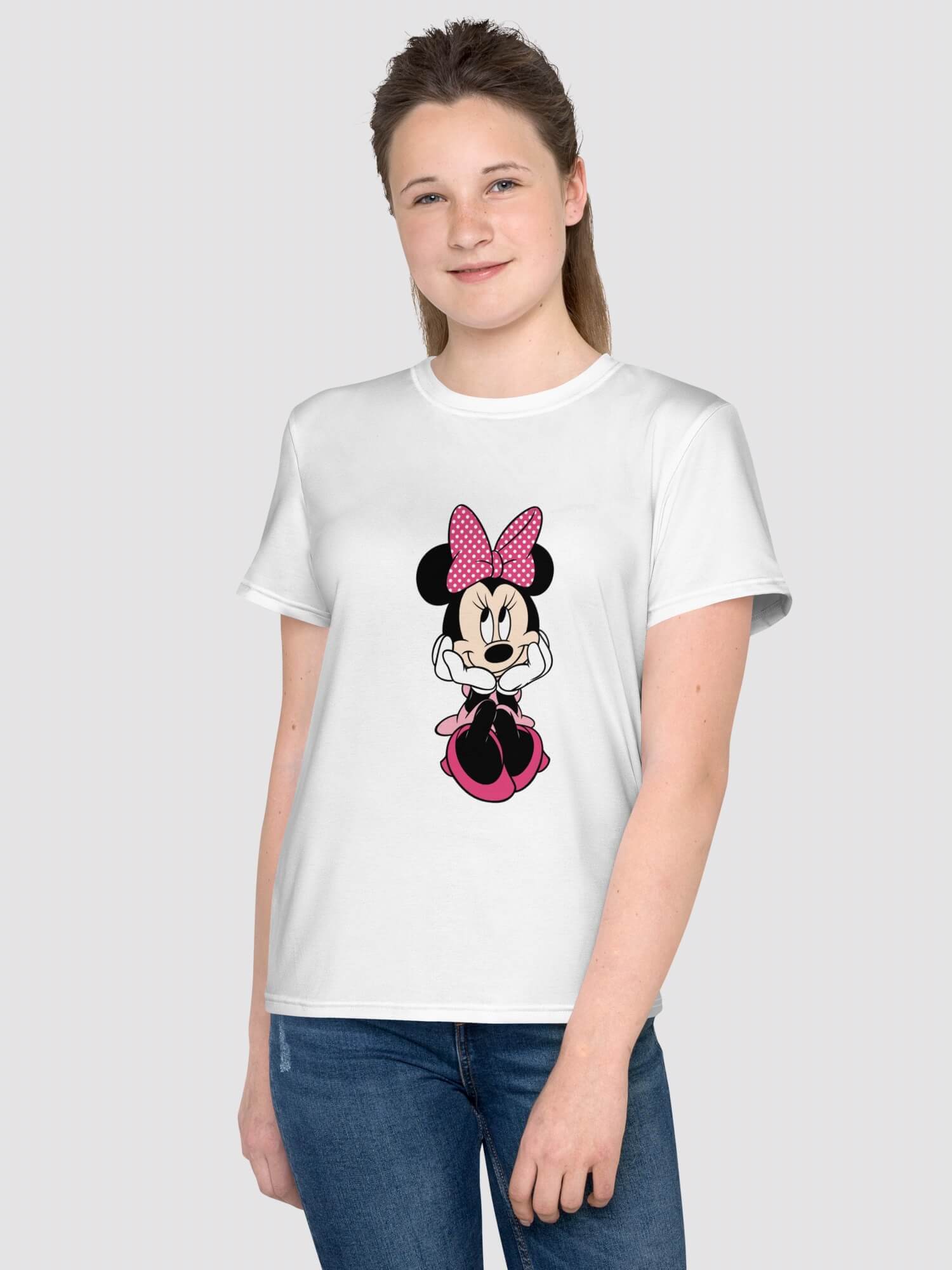 Kids Mini Mouse Crewneck T-Shirt  Girls Disney crew neck short sleeves straight regular fit T-shirts in white pink for petite-, tall-, plus-, size children’s girl round o-neck crew neck Tees