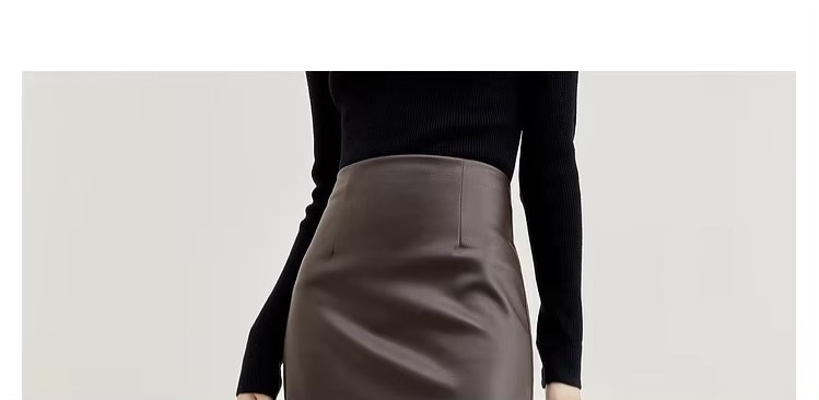PU Vegan Leather Skirt coffee  Women’s luxury fall autumn Elegant high rise waist slit slim straight fit Lady temperament midi skirts for woman in brown Womens faux cowhide fashion 133Q50358