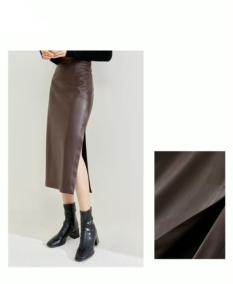 PU Vegan Leather Skirt coffee  Women’s luxury fall autumn Elegant high rise waist slit slim straight fit Lady temperament midi skirts for woman in brown Womens faux cowhide fashion 133Q50358
