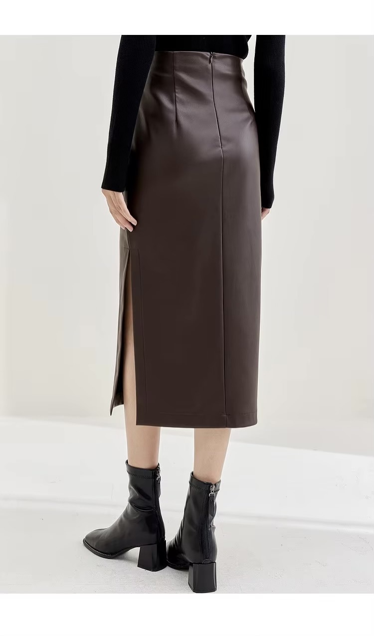 PU Vegan Leather Skirt coffee  Women’s luxury fall autumn Elegant high rise waist slit slim straight fit Lady temperament midi skirts for woman in brown Womens faux cowhide fashion 133Q50358