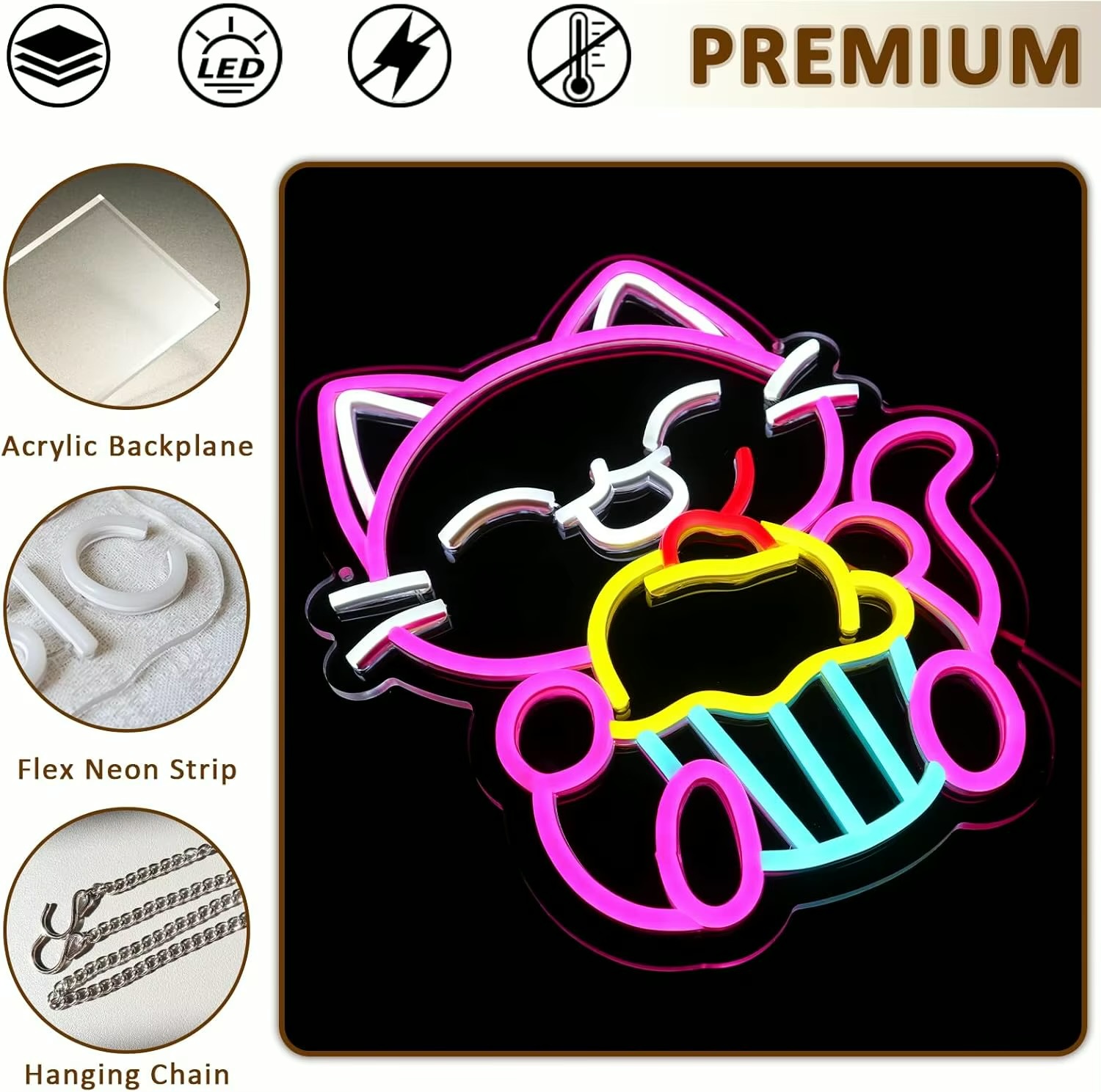 Cupcake Kitty Cat Neon Sign for Bakery Dessert Shop Food Store Cafe Dimmable Neon Lights for Japanese Street Food Shop Restaurant Office Home Decor Aesthetics Draw Celebratory Gifts Lighting in multi color