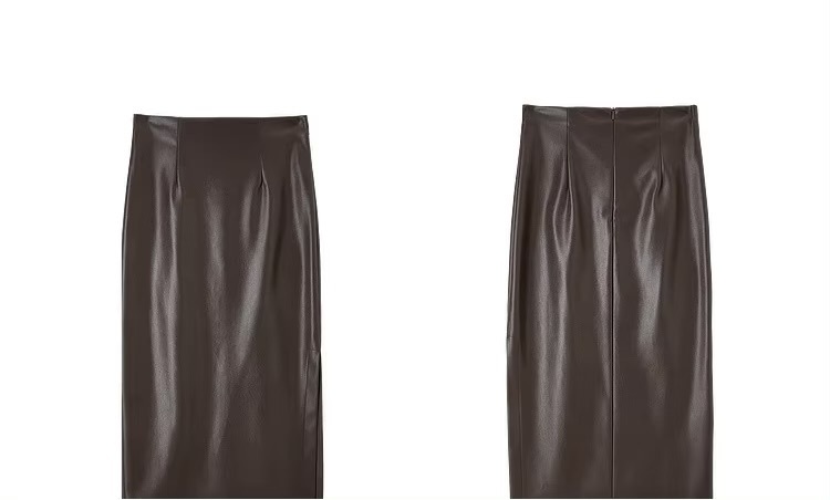 PU Vegan Leather Skirt coffee  Women’s luxury fall autumn Elegant high rise waist slit slim straight fit Lady temperament midi skirts for woman in brown Womens faux cowhide fashion 133Q50358