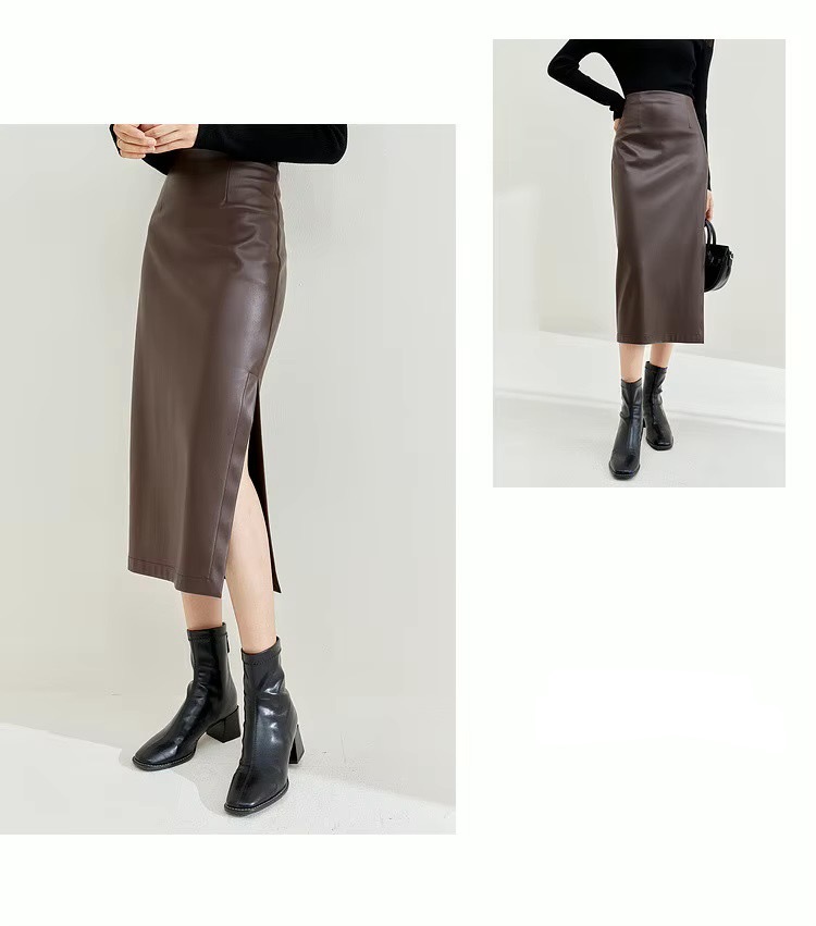 PU Vegan Leather Skirt coffee  Women’s luxury fall autumn Elegant high rise waist slit slim straight fit Lady temperament midi skirts for woman in brown Womens faux cowhide fashion 133Q50358