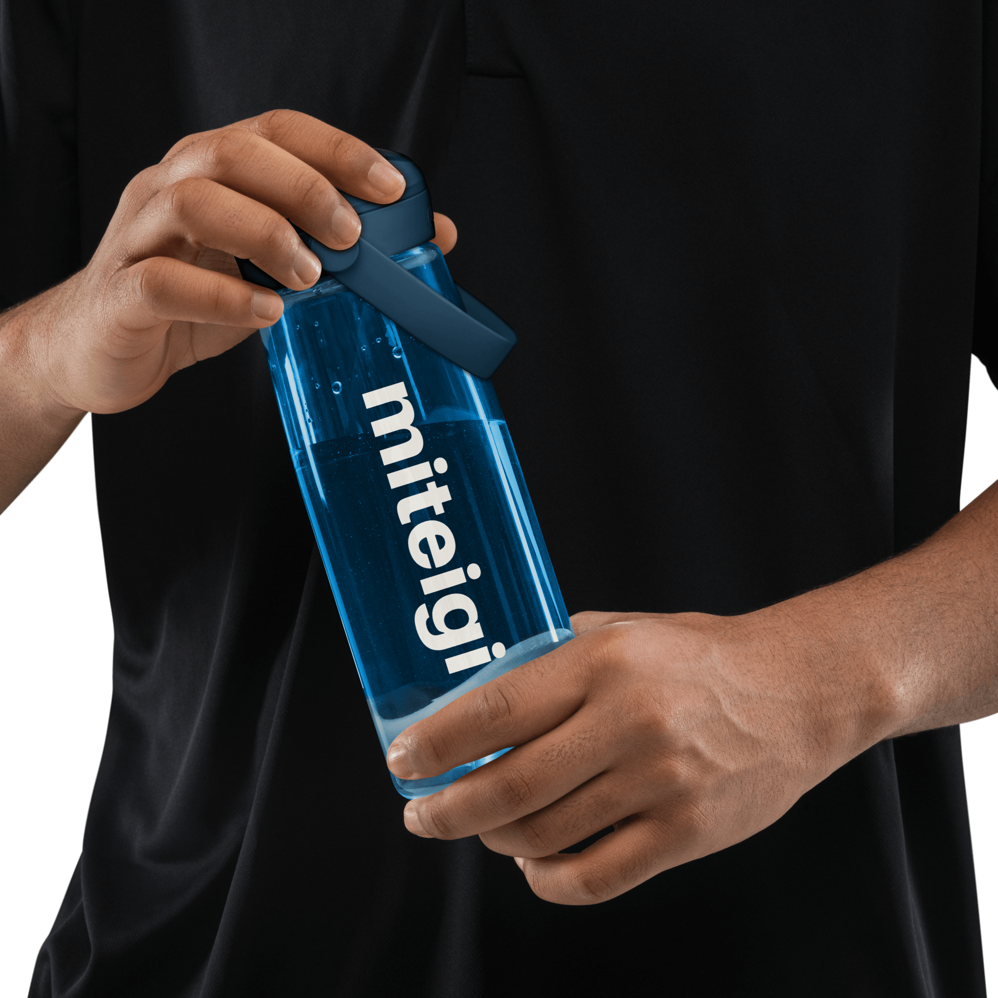 Sports Flip Straw Water Bottle miteigi fest gig   Letter print logo miteigi festival gig gear by miteigi gear flasks bottles in oxford blue semi-transparent semi-clear with white text and with flip Straw Lid