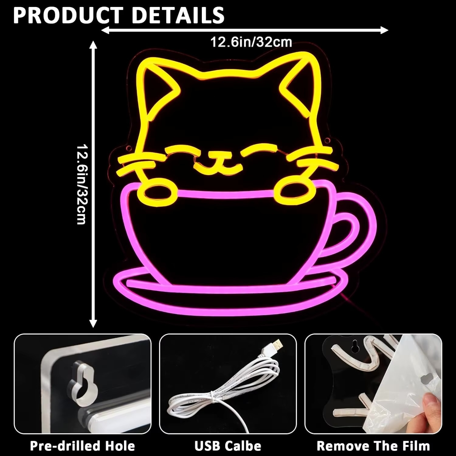Coffee cup Kitty Cat Neon Sign for Bakery Dessert Shop Food Store Cafe Dimmable Neon Lights for Japanese Street Food Shop Restaurant Office Home Decor Aesthetics Draw Celebratory Gifts Lighting in multi color