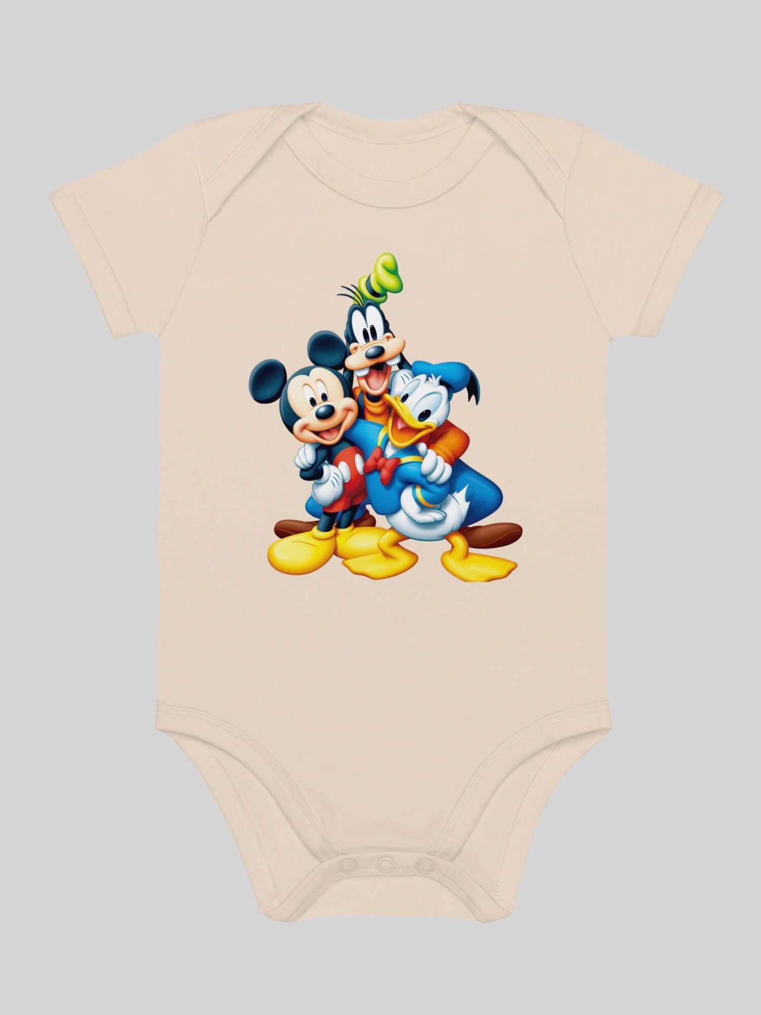 Baby Organic Cotton Disney Bodysuit   Genderful vegan Unisex boys girls  100% Cotton Linen  Goofy Mickey Mouse Donald Duck cartoon animal short sleeves crewneck envelope neckline round o-neck three (3) button inseam snaps bottom closure one piece outfit in natural khaki beige with multi Babies crew neck bodysuits outfits 