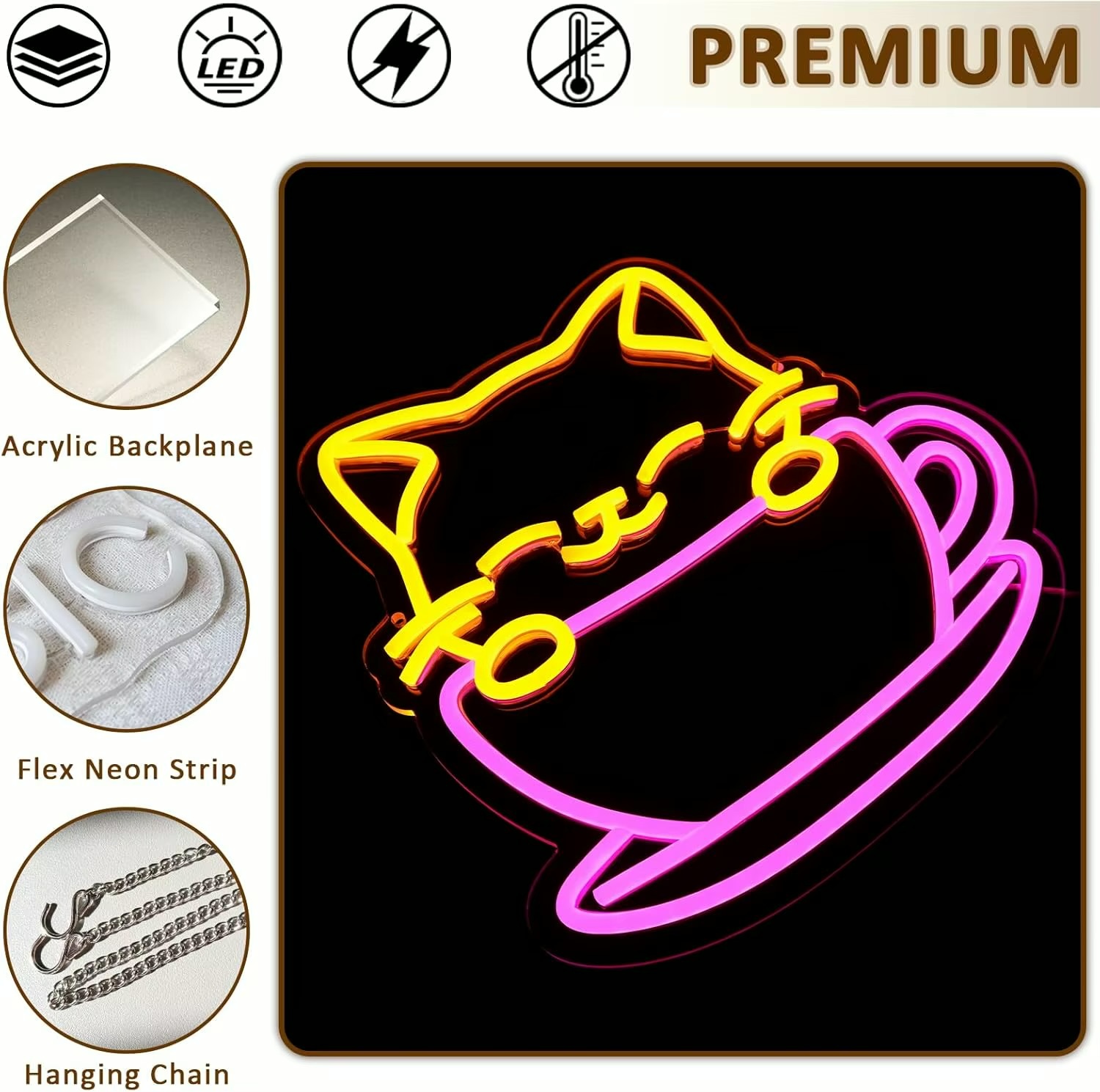 Coffee cup Kitty Cat Neon Sign for Bakery Dessert Shop Food Store Cafe Dimmable Neon Lights for Japanese Street Food Shop Restaurant Office Home Decor Aesthetics Draw Celebratory Gifts Lighting in multi color