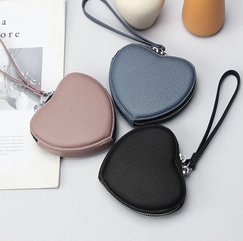 Genuine Leather Heart Coin Bag  for Women Cute Children's Handbag money Change Wallet Designer Original zip lock Purse coins Kawaii Wallets Purses with carry strap for Girls in Black, lotus root purple