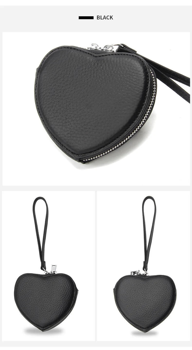 Genuine Leather Heart Coin Bag  for Women Cute Children's Handbag money Change Wallet Designer Original zip lock Purse coins Kawaii Wallets Purses with carry strap for Girls in Black
