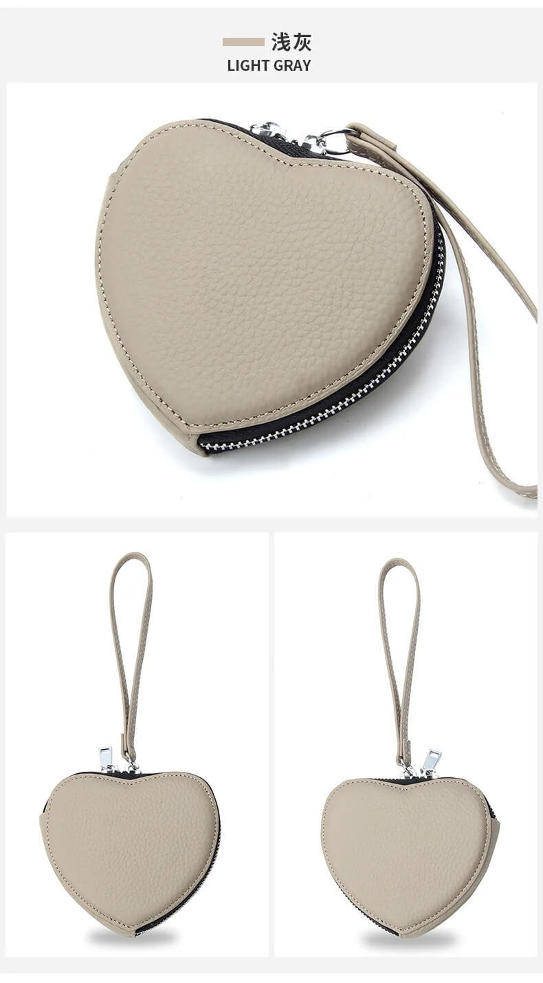 Genuine Leather Heart Coin Bag  for Women Cute Children's Handbag money Change Wallet Designer Original zip lock Purse coins Kawaii Wallets Purses with carry strap for Girls in light Gray grey