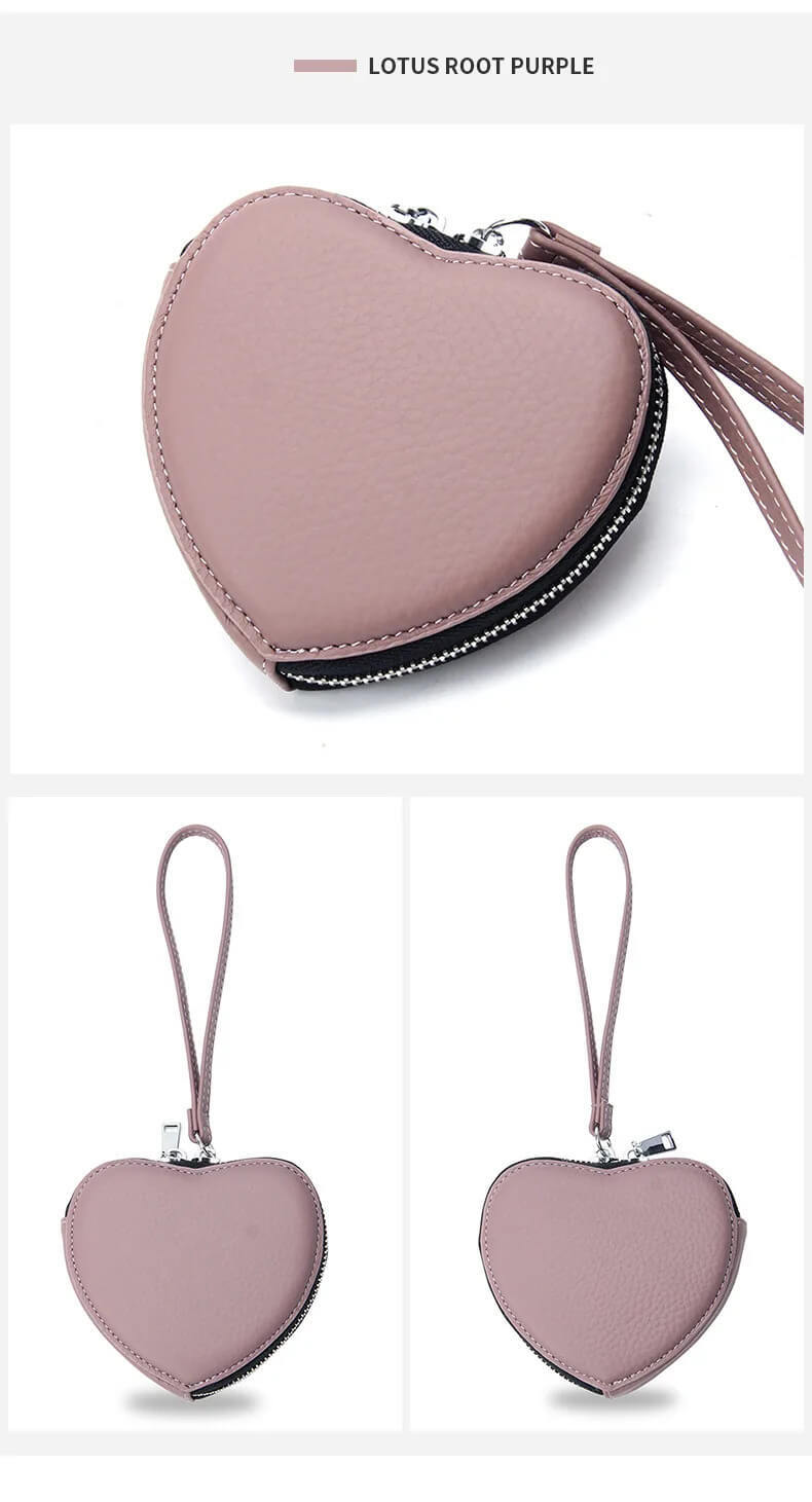 Genuine Leather Heart Coin Bag  for Women Cute Children's Handbag money Change Wallet Designer Original zip lock Purse coins Kawaii Wallets Purses with carry strap for Girls in lotus root purple