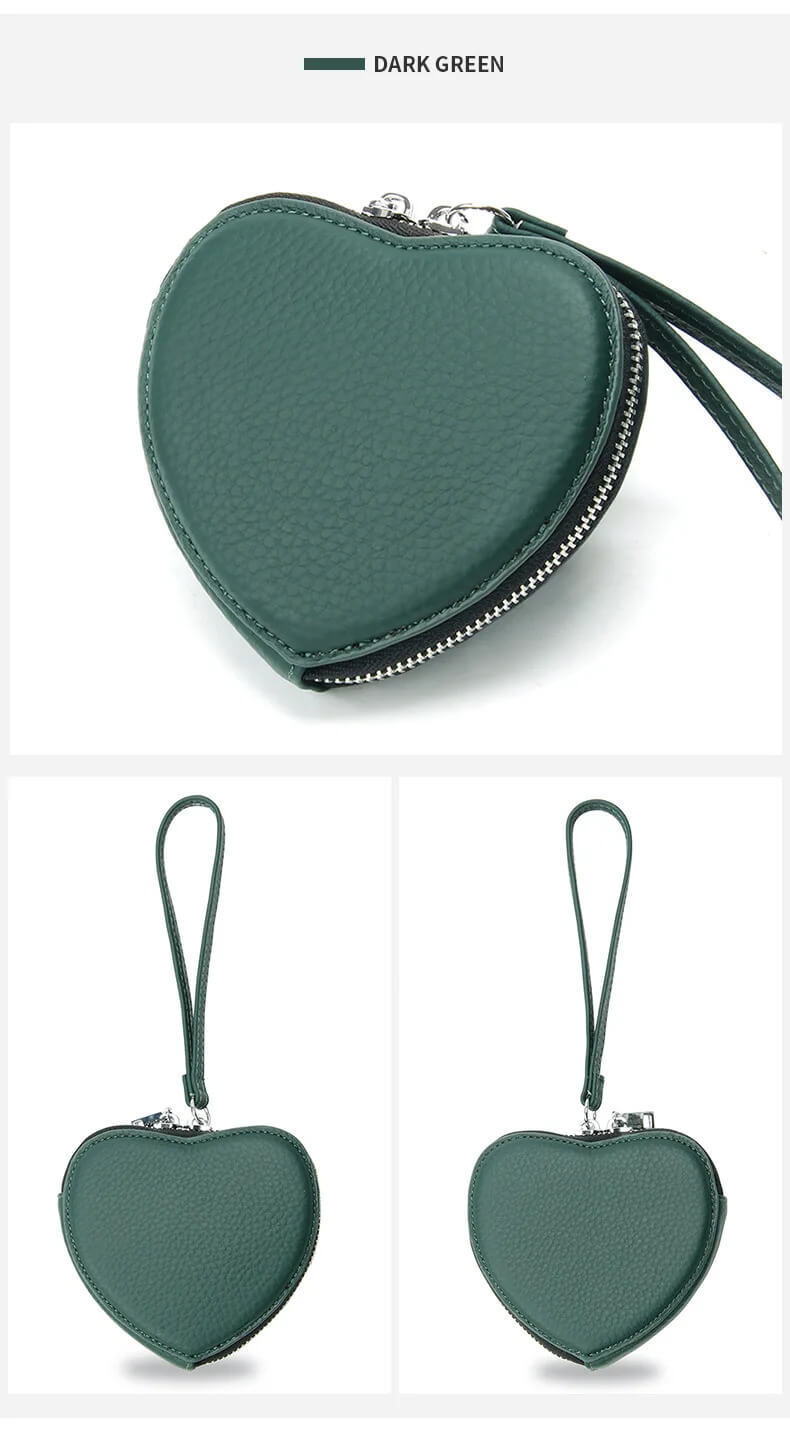 Genuine Leather Heart Coin Bag  for Women Cute Children's Handbag money Change Wallet Designer Original zip lock Purse coins Kawaii Wallets Purses with carry strap for Girls in dark green