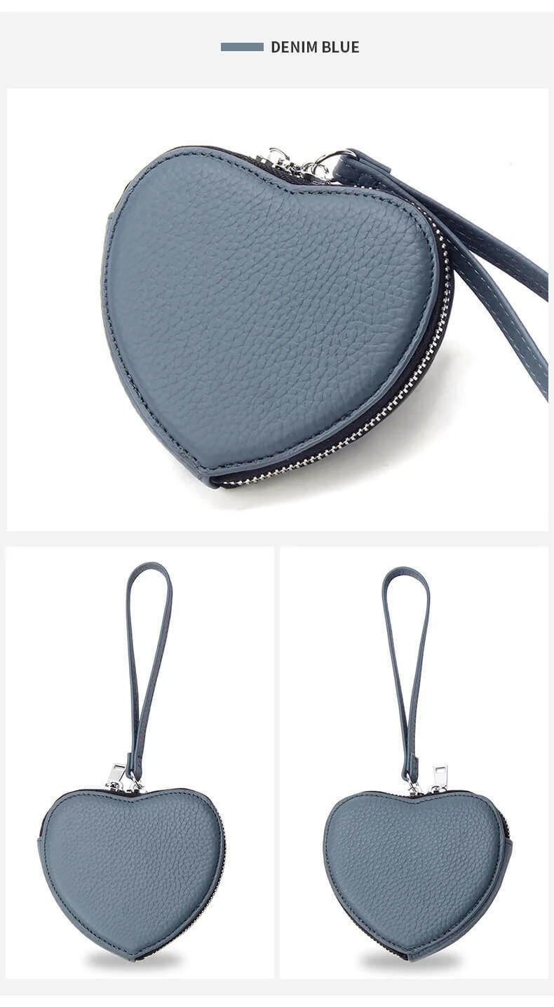 Genuine Leather Heart Coin Bag  for Women Cute Children's Handbag money Change Wallet Designer Original zip lock Purse coins Kawaii Wallets Purses with carry strap for Girls in denim blue