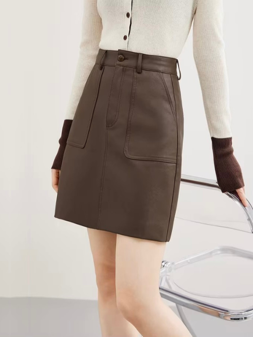 High-Rise Leather Skirt  Women’s high rise waist female Summer commuter casual solid A-line mini skirts for woman Womens wfh workwear clothes in coffee brown PU Vegan faux leather #141Q53347