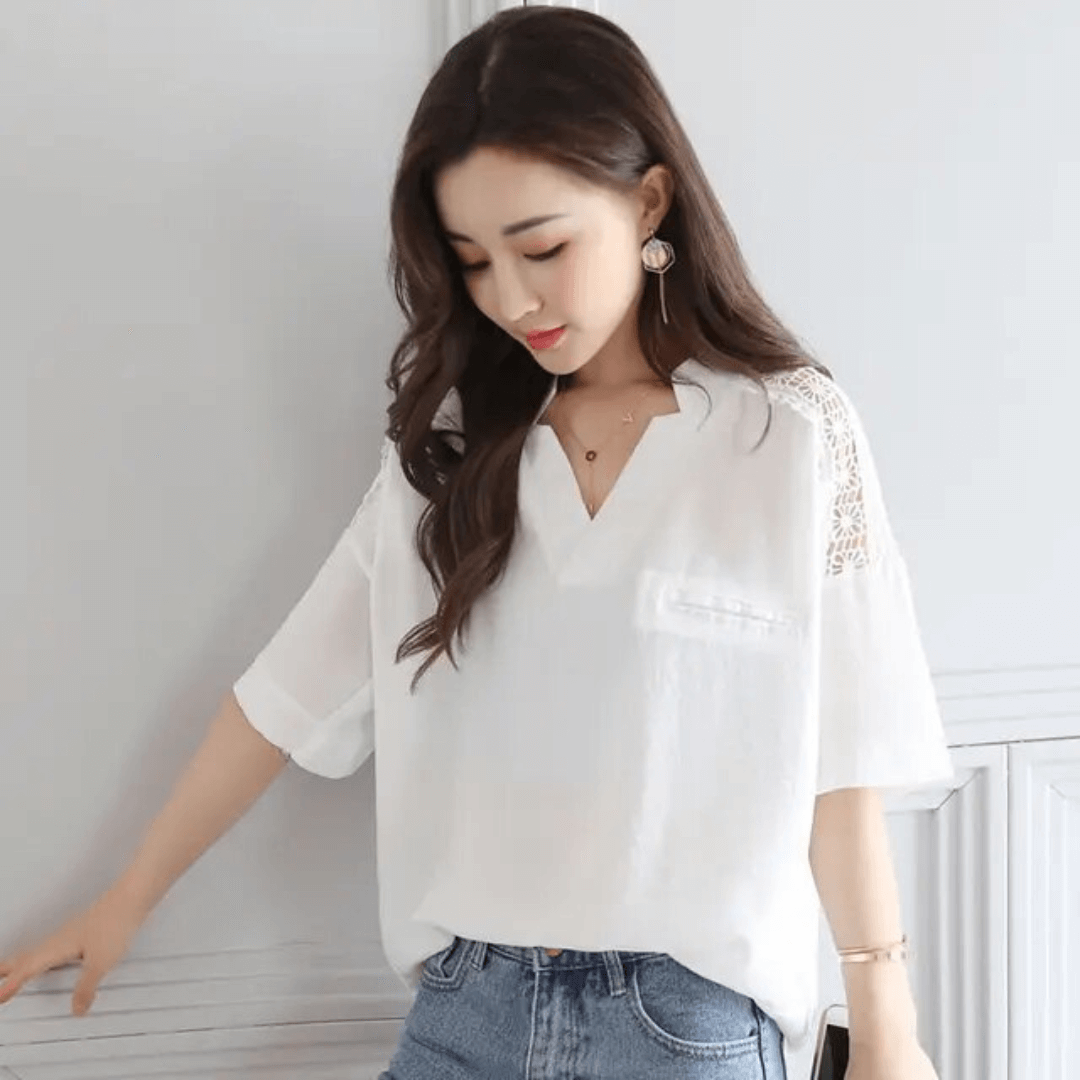 Hollow Out V-Neck Cotton Top  Women’s Design Daily All-match Loose Blouse Womens plus size Korean Style Elegant Office Ladies Casual Summer Fashion Top Classic Tops Short sleeves Blouses for Woman in white