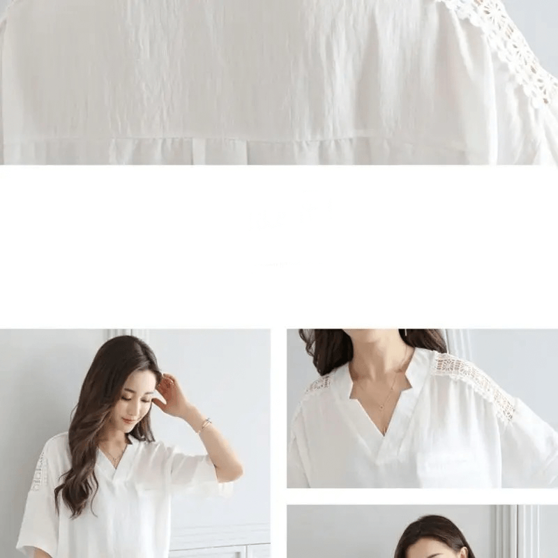 Hollow Out V-Neck Cotton Top  Women’s Design Daily All-match Loose Blouse Womens plus size Korean Style Elegant Office Ladies Casual Summer Fashion Top Classic Tops Short sleeves Blouses for Woman in white